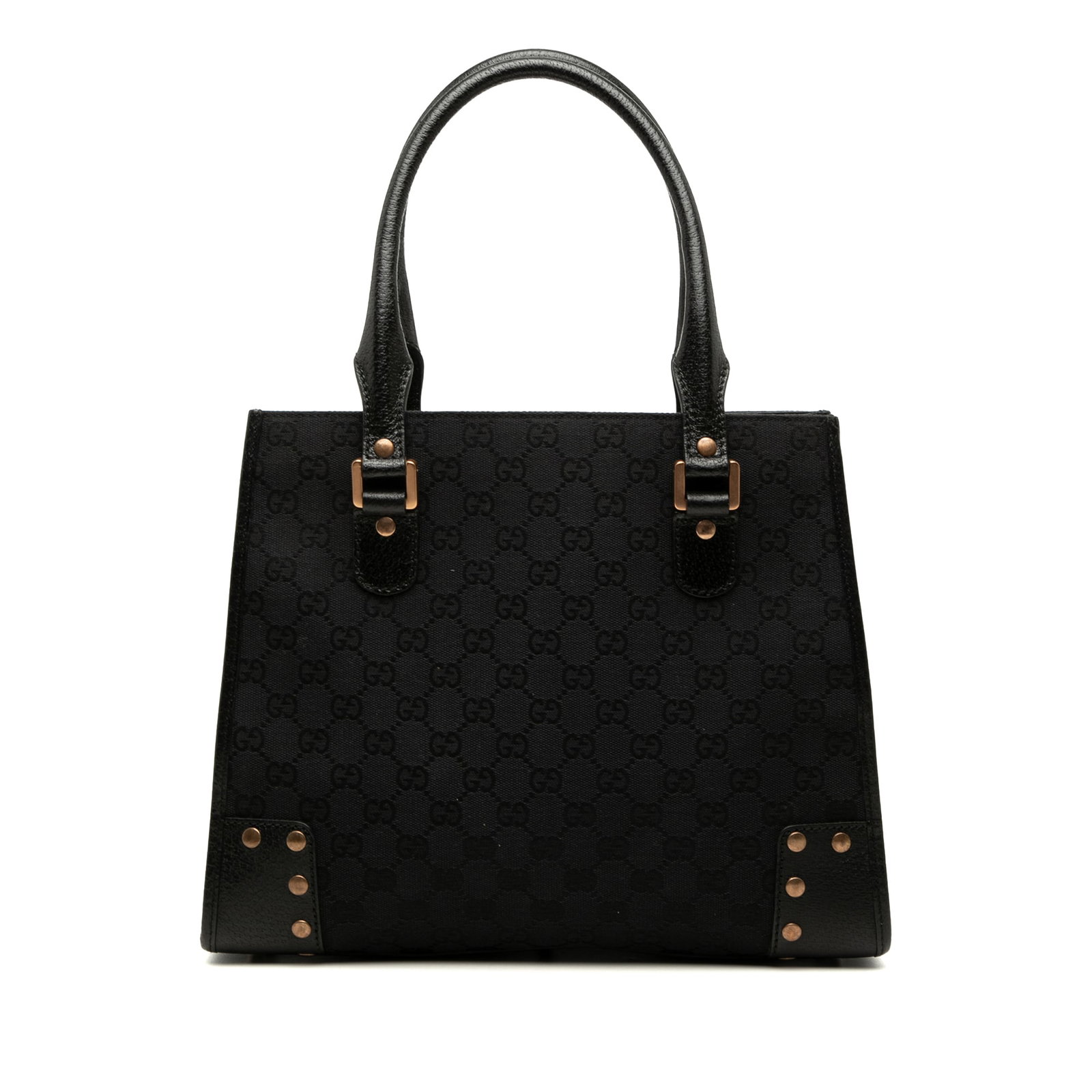 Gucci GG Canvas Nailhead Tote Bag Black Leather Trim: Gucci GG Canvas Nailhead Tote Bag Black Leather Trim This Gucci GG Canvas Nailhead Tote is a black tote bag made in Italy, featuring a canvas body with leather trim, rolled leather handles, an open to