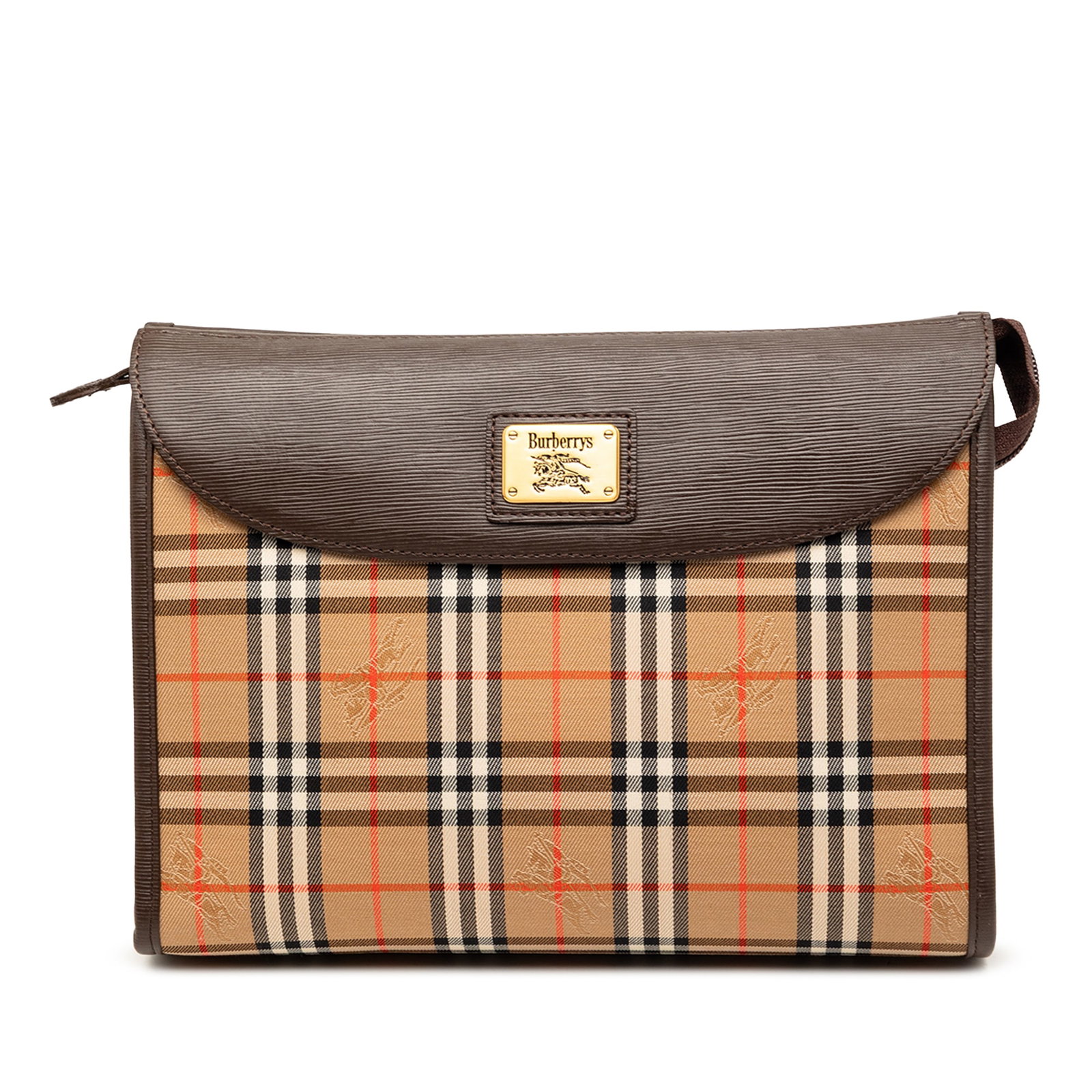 Burberry Haymarket Check Canvas Zip Clutch Bag: Burberry Haymarket Check Canvas Zip Clutch Bag This Burberry Haymarket Check Canvas Clutch features the brand's signature check canvas with leather trim. It is designed with a top zip closure, an exte