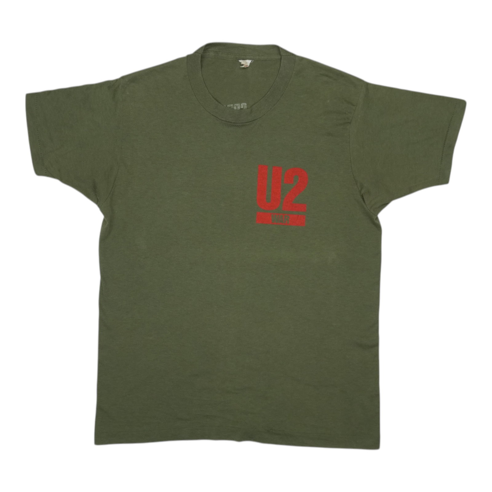 Vintage 1983 U2 Spring Tour Green Poly Cotton Band T Shirt XL: Vintage 1983 U2 Spring Tour Green Poly Cotton Band T Shirt XL This is an original vintage U2 Spring Tour shirt from 1983, featuring front and back graphics. The shirt is made from a 50/50 poly/cotton 