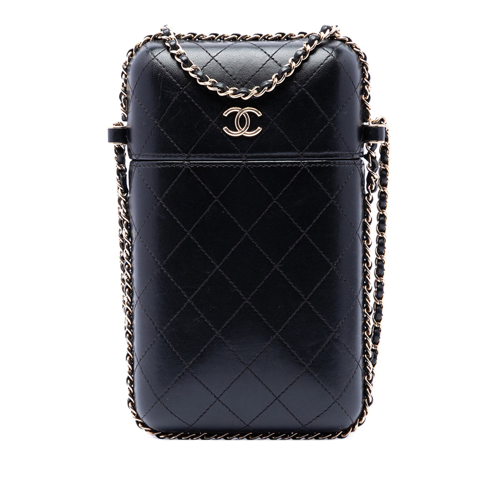 Chanel CC Chain Around Phone Holder Quilted Lambskin Leather Black: Chanel CC Chain Around Phone Holder Quilted Lambskin Leather Black Chanel CC Quilted Lambskin Chain Around Phone Holder in black, made in Italy. It features a lambskin leather body with a leather-wove