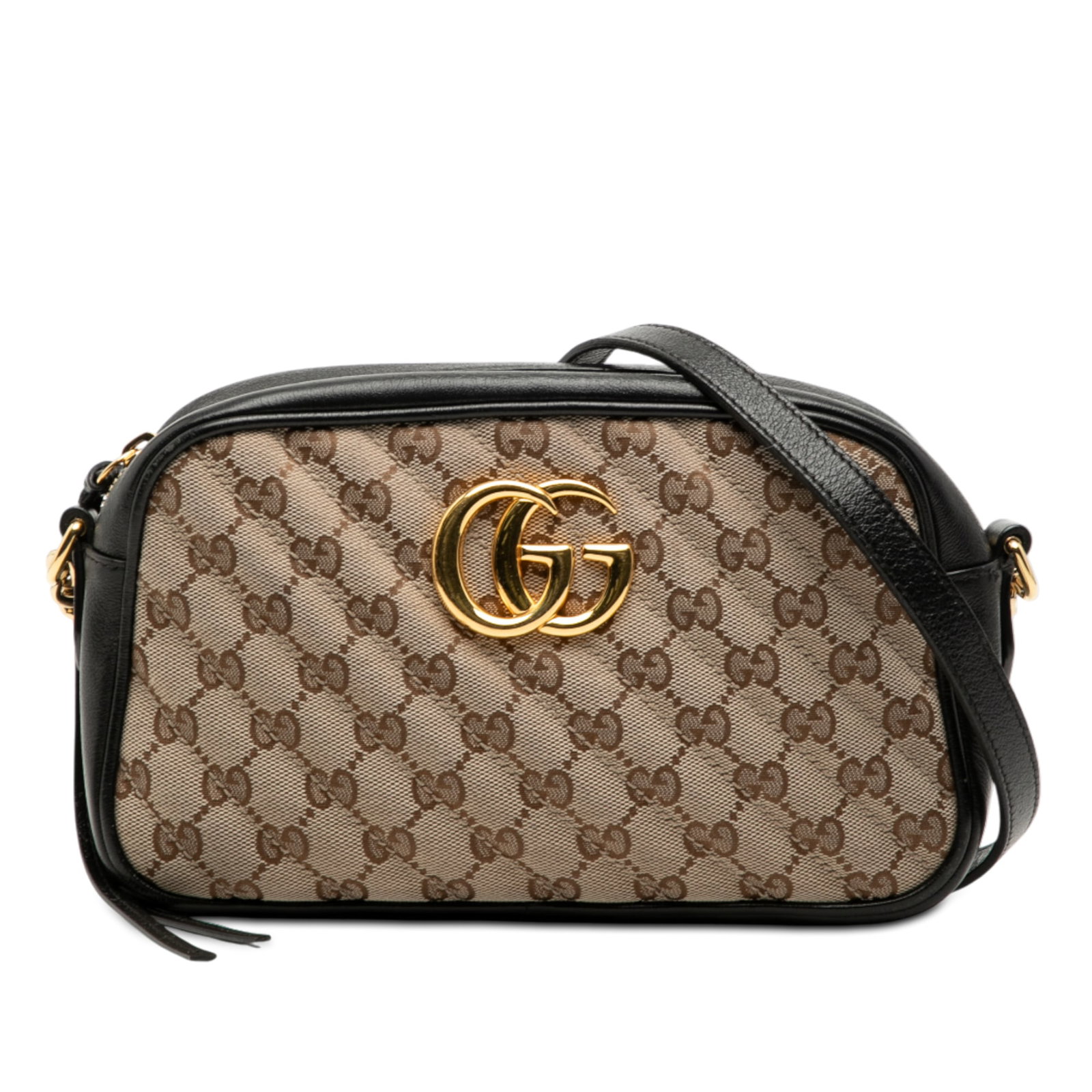 Gucci GG Marmont Small Canvas and Leather Quilted Crossbody Bag: Gucci GG Marmont Small Canvas and Leather Quilted Crossbody Bag This Gucci Small GG Marmont Matelasse crossbody bag features a quilted GG canvas body with leather trim, a chain link and adjustable lea