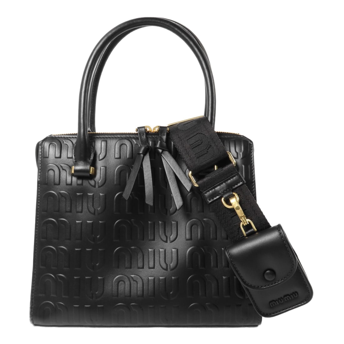 Miu Miu black calfskin 2 way shoulder bag with strap pouch: Miu Miu black calfskin 2 way shoulder bag with strap pouch Miu Miu 2 Way Shoulder Bag in black calfskin (cowhide) leather with gold-tone hardware. Designed for women, this regular-size bag features a 