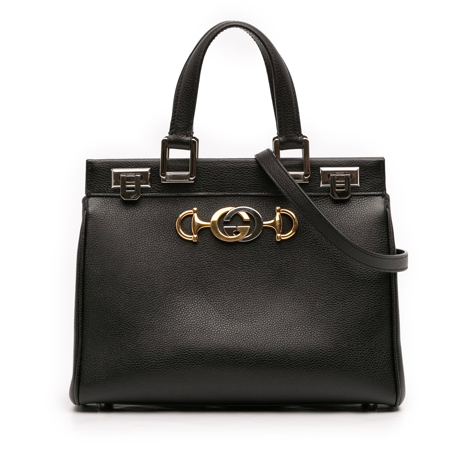 Gucci Zumi Small Black Leather Top Handle Satchel with Strap: Gucci Zumi Small Black Leather Top Handle Satchel with Strap The Gucci Small Grained Calfskin Zumi Top Handle Bag showcases a structured silhouette crafted from grained black leather. It features flat