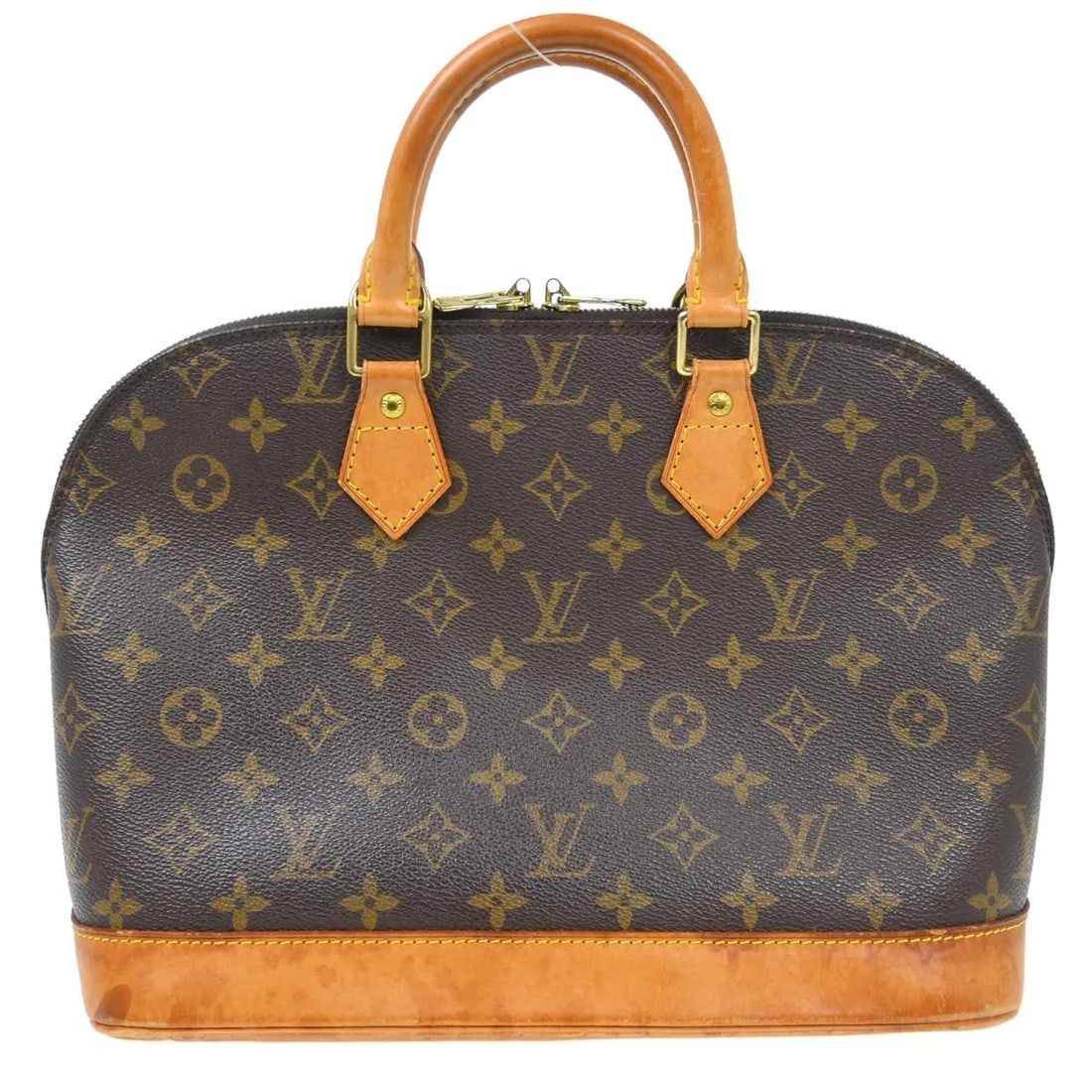 Louis Vuitton Alma Handbag in Brown Monogram Canvas: Louis Vuitton Alma Handbag in Brown Monogram Canvas Louis Vuitton Alma handbag in brown monogram canvas. This structured bag is made in France and shows fair overall condition with visible wear, inclu