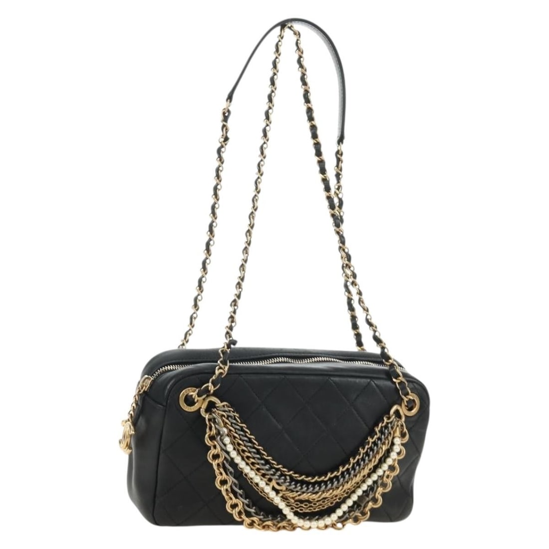 CHANEL All About Chain Shoulder Bag Black Lamb Skin CC: CHANEL All About Chain Shoulder Bag Black Lamb Skin CC A CHANEL shoulder bag from the All About Chain Matelasse line, crafted in black lamb skin with gold-tone exterior details. Made in Italy, it feat