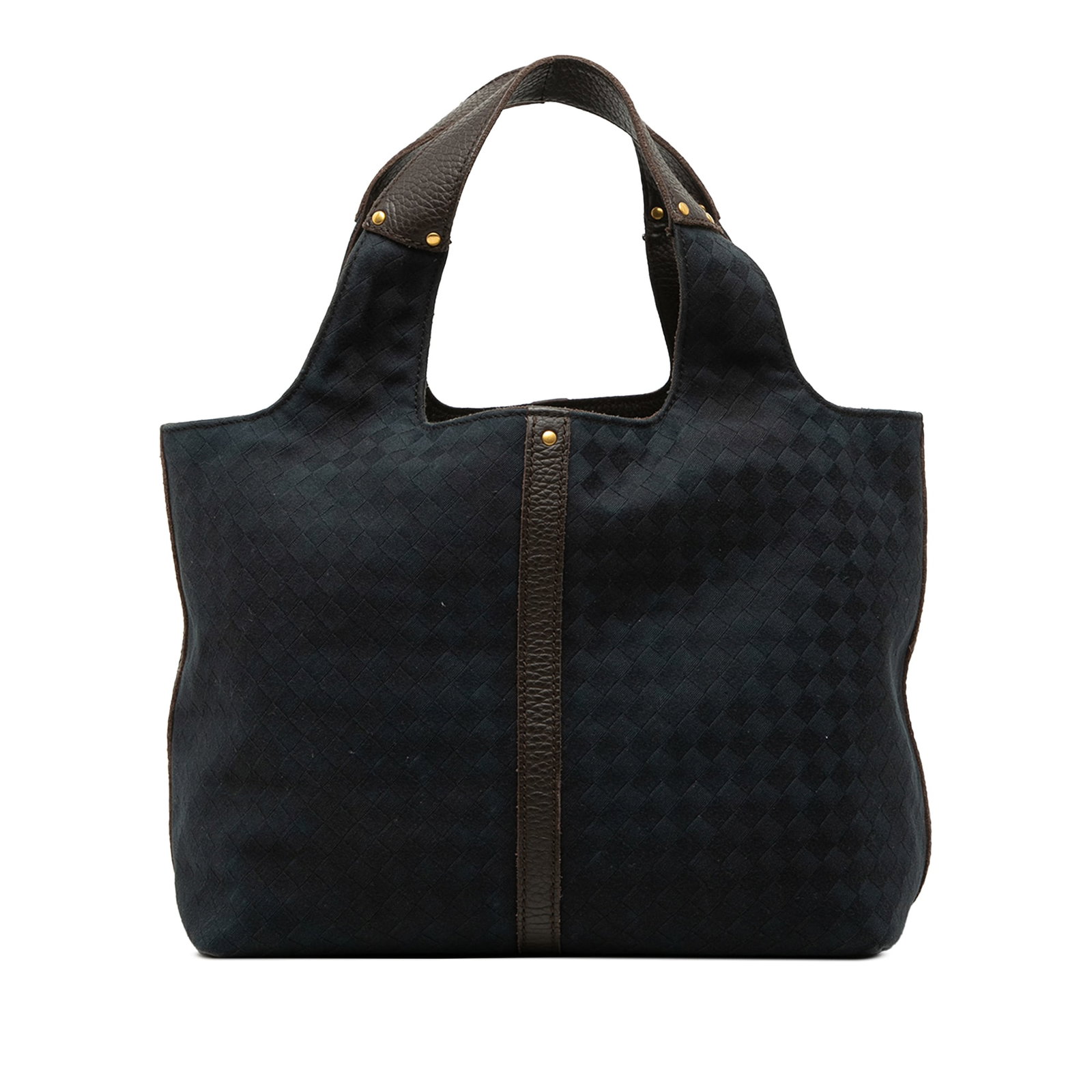 Bottega Veneta Intrecciato Black Canvas Tote Bag with Leather Trim: Bottega Veneta Intrecciato Black Canvas Tote Bag with Leather Trim Bottega Veneta handbag with a woven canvas body, leather trim, and flat leather handles. It has an open top and interior zip and slip