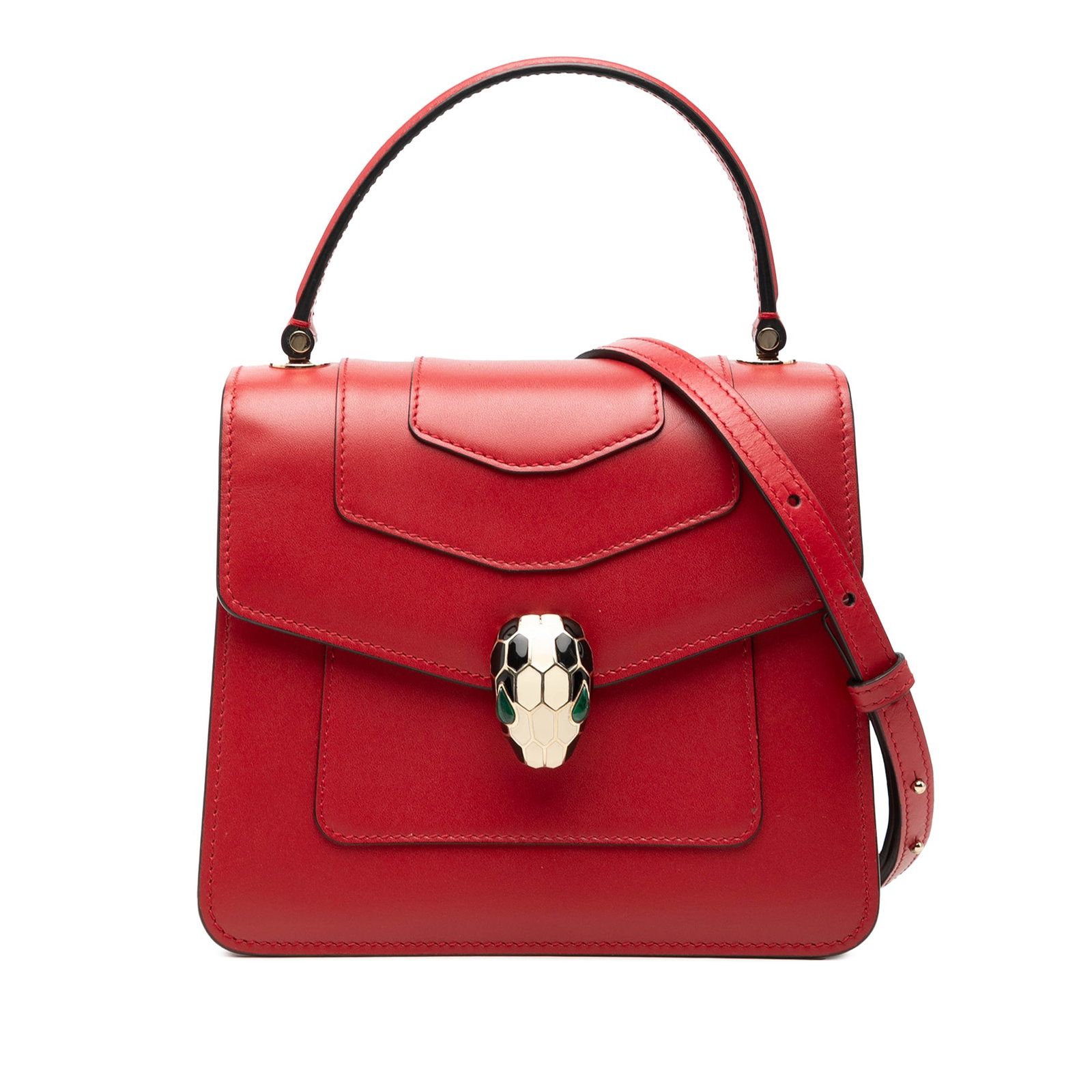 Bvlgari Serpenti Forever Small Red Calfskin Top Handle Satchel: Bvlgari Serpenti Forever Small Red Calfskin Top Handle Satchel Small calfskin Serpenti Forever top handle bag in red leather with a structured satchel silhouette. It features a flat top handle, a deta
