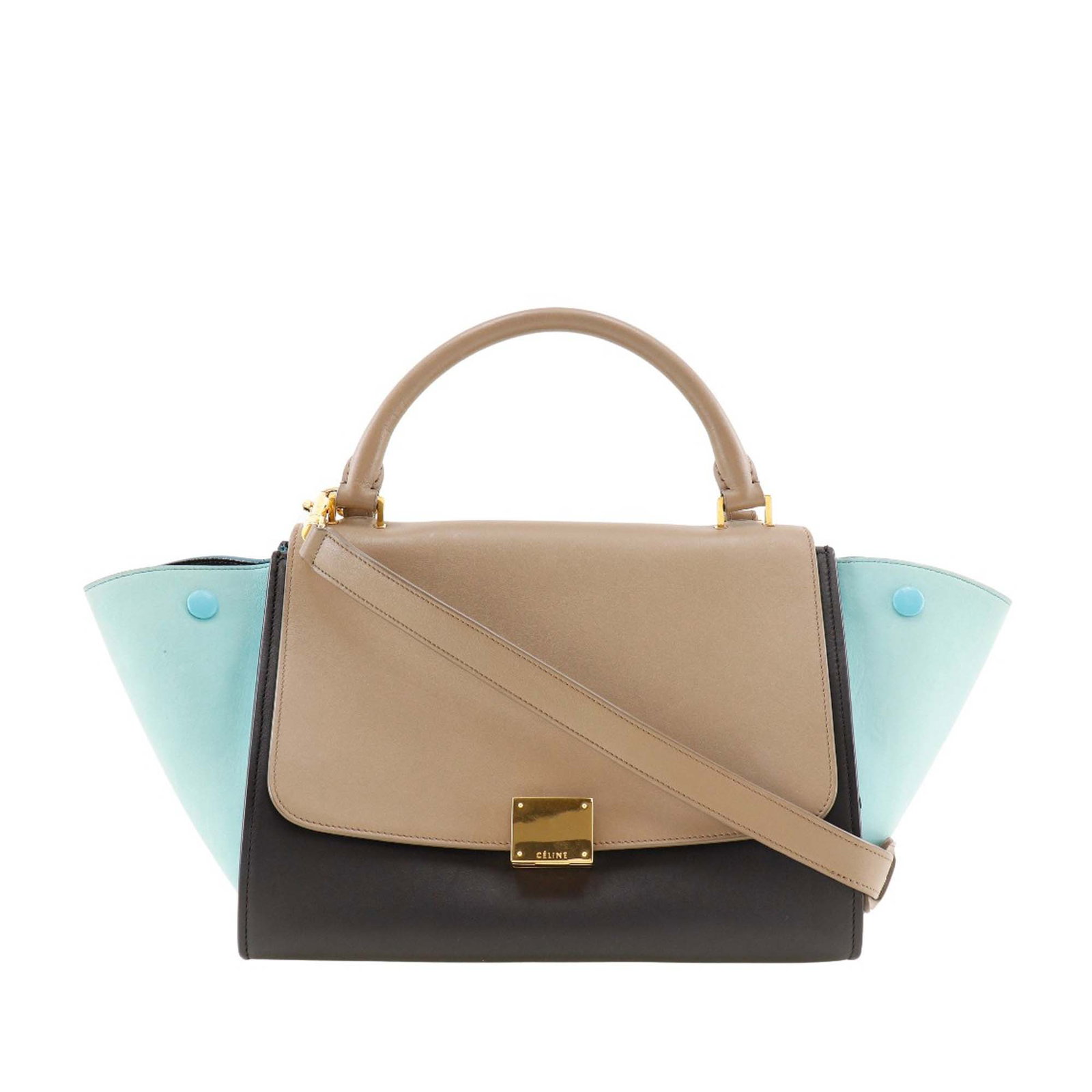 Small Tricolor Trapeze Satchel by Celine with Suede Side Panels: Small Tricolor Trapeze Satchel by Celine with Suede Side Panels This Celine Small Tricolor Leather Trapeze Satchel features a leather body with suede leather side panels, a rolled leather top handle, 