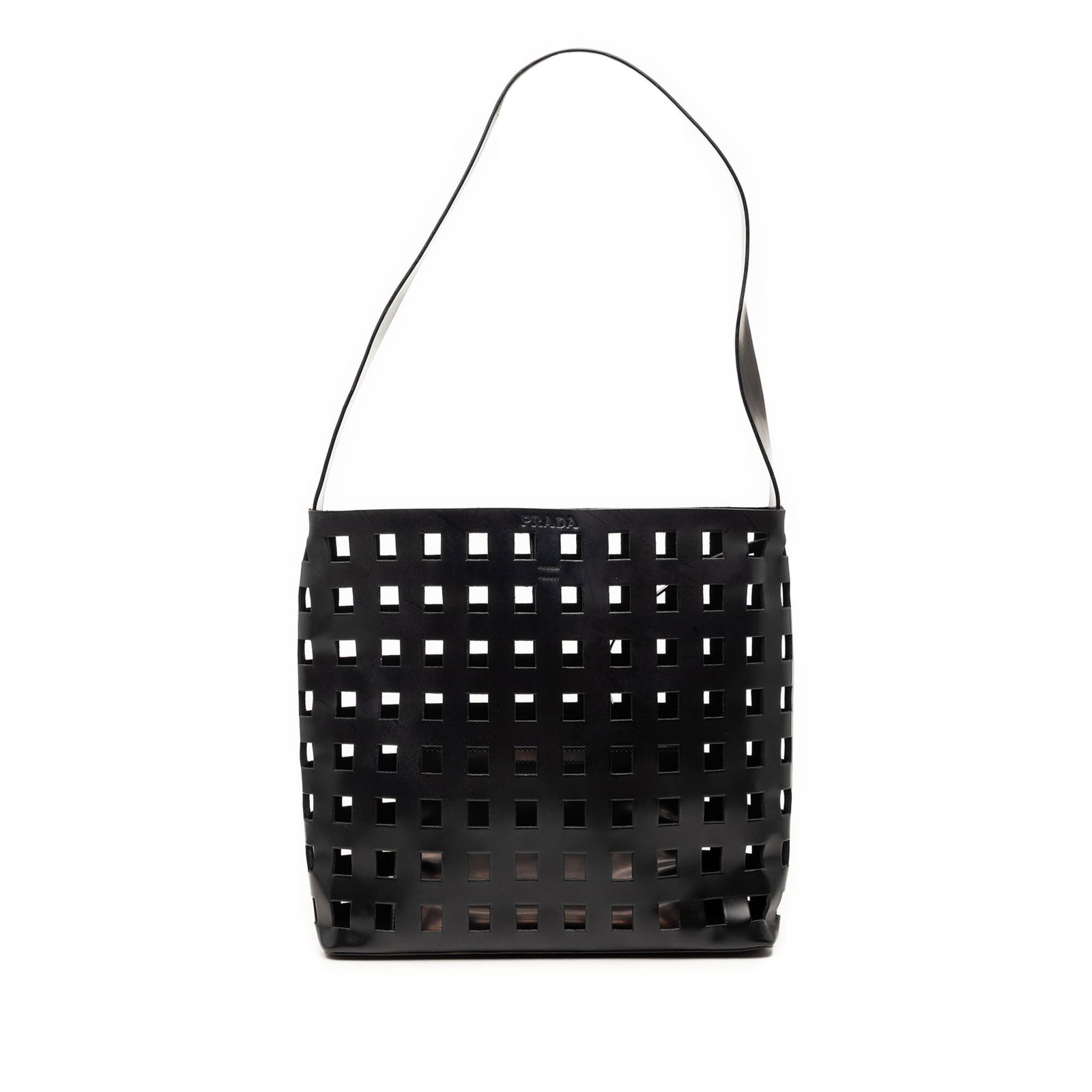 Prada black perforated leather pouch shoulder bag: Prada black perforated leather pouch shoulder bag This Prada shoulder bag showcases a perforated leather body in black, complemented by a flat leather strap and an open top design. The bag includes a 