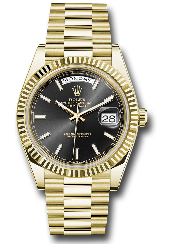 Rolex Day-Date 228238 Black Dial President Bracelet with Green Card 2026: Rolex Day-Date 228238 Black Dial President Bracelet with Green Card 2026 This Rolex Day-Date features a black index dial and a fluted bezel, paired with the iconic President bracelet. The watch comes 
