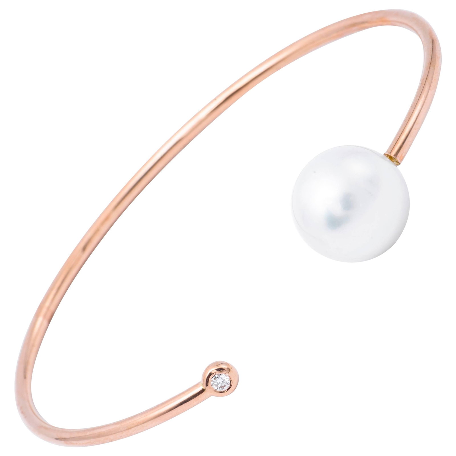 Harbor Diamonds 18K Rose Gold South Sea Pearl Diamond Bangle Bracelet: Harbor Diamonds 18K Rose Gold South Sea Pearl Diamond Bangle Bracelet This exquisite 18K rose gold open bangle bracelet features a stunning South Sea pearl measuring 11-12 mm, complemented by a round-