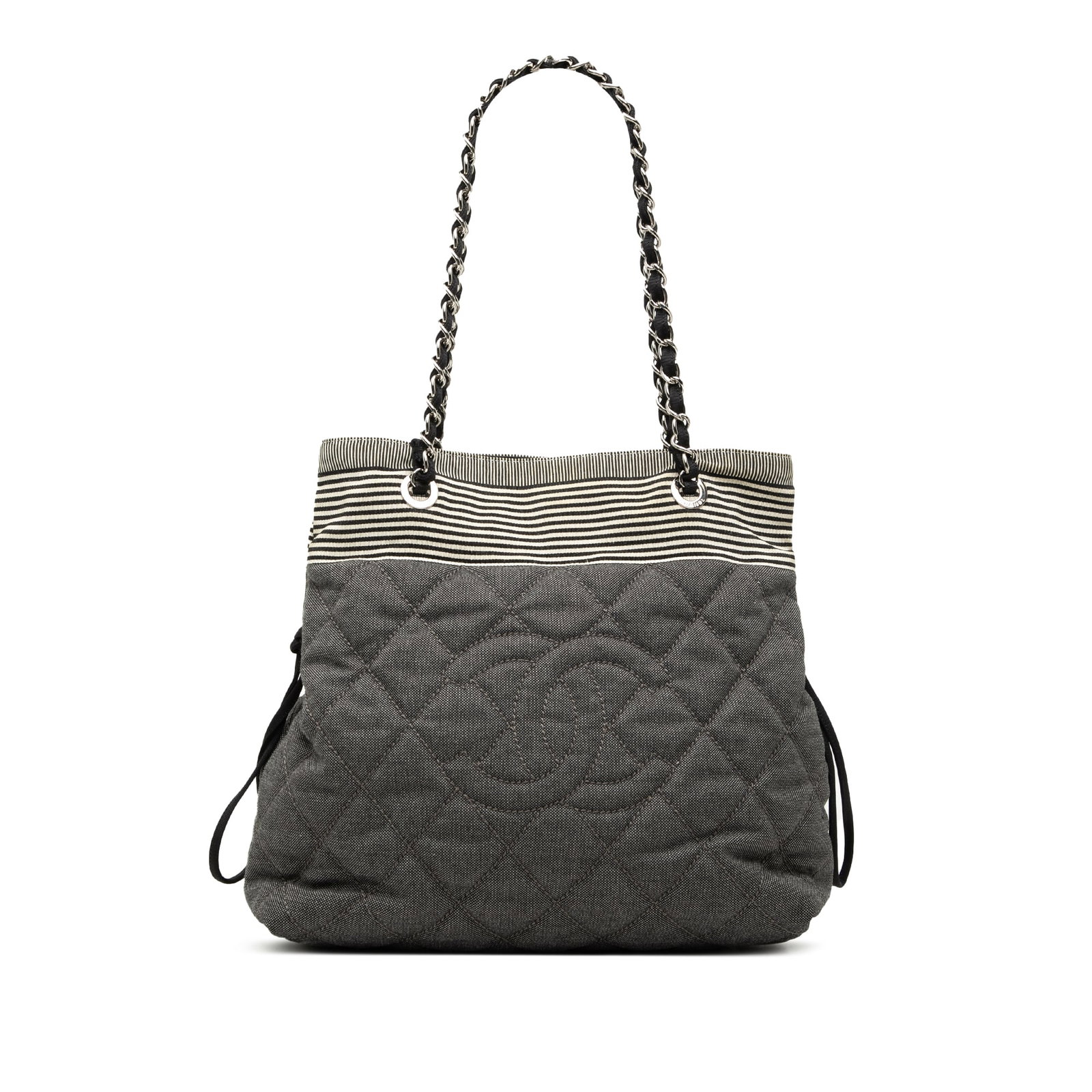 Chanel Bonbon Tote Gray Quilted Denim Shoulder Bag: Chanel Bonbon Tote Gray Quilted Denim Shoulder Bag Quilted denim tote bag with fabric woven chain link straps, an open top, and interior zip and slip pockets. Includes dust bag and card. Condition is 