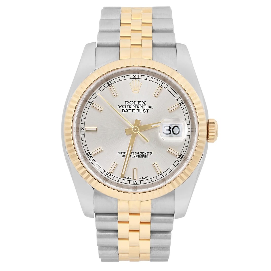 Rolex Datejust 116233 36mm Steel Gold Automatic Silver Dial Luxury Watch: Rolex Datejust 116233 36mm Steel Gold Automatic Silver Dial Luxury Watch This stunning Rolex Datejust wristwatch features a 36mm stainless steel case with an 18K yellow gold fluted bezel and a captiva