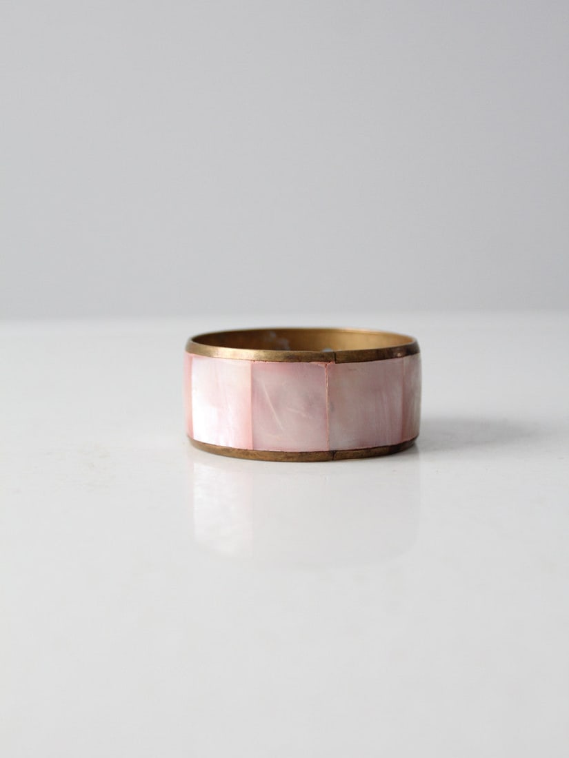 Pink Mother of Pearl Inlay Brass Bangle Bracelet (1 of 5)