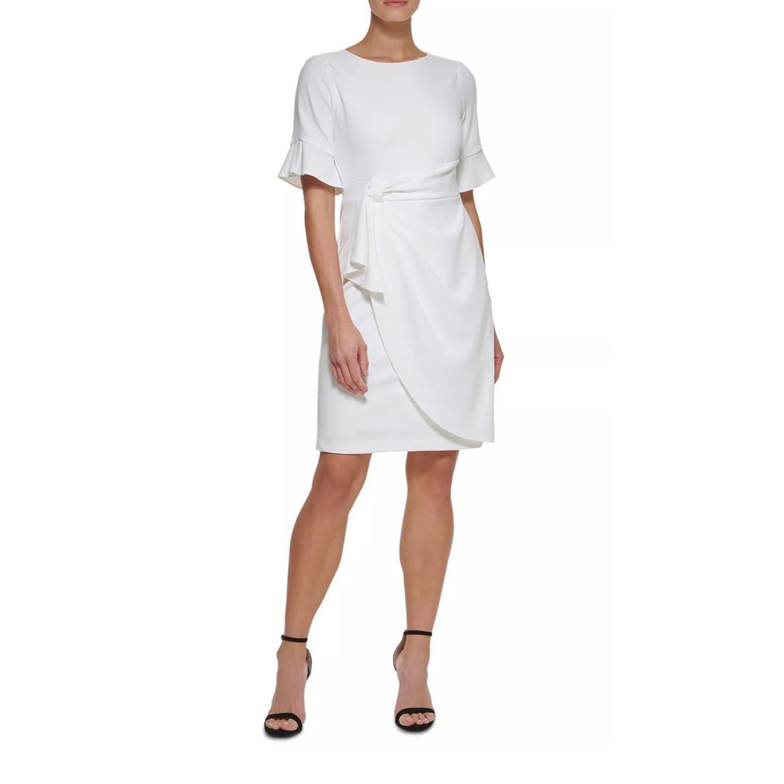 DKNY Ivory Sheath Dress with Ruffled Cuffs and Side Knot Size 10: DKNY Ivory Sheath Dress with Ruffled Cuffs and Side Knot Size 10 Elevate your wardrobe with this stunning DKNY Side-Knot Ruffled Cuffs Sheath Dress in an elegant ivory hue. Designed for both casual an