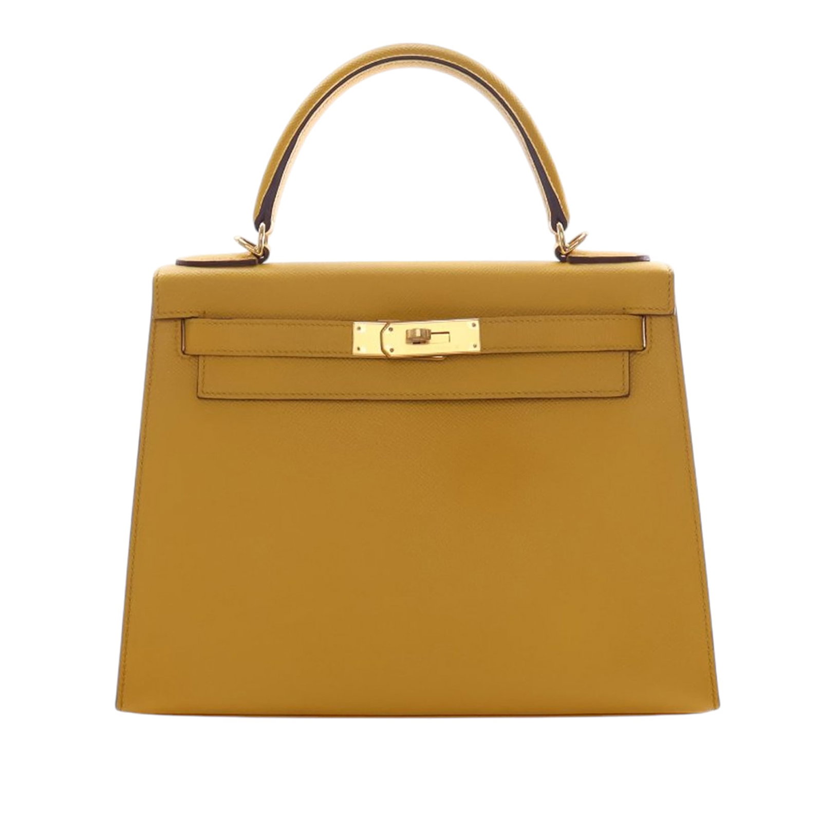 Hermes Kelly II Sellier 28 Epsom Leather Handbag Yellow: Hermes Kelly II Sellier 28 Epsom Leather Handbag Yellow Hermes Kelly II Sellier 28 in Jaune Ambre Epsom leather. This structured handbag features a rolled leather top handle, a detachable flat leather