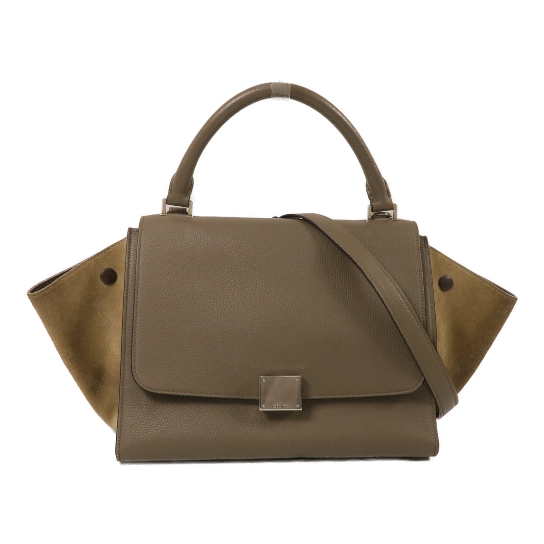CELINE Trapeze Medium calfskin 2 way shoulder bag gray: CELINE Trapeze Medium calfskin 2 way shoulder bag gray A CELINE Trapeze Medium 2-way shoulder bag in gray calfskin leather with silver-tone hardware. It features a turn lock closure, one outside zip p