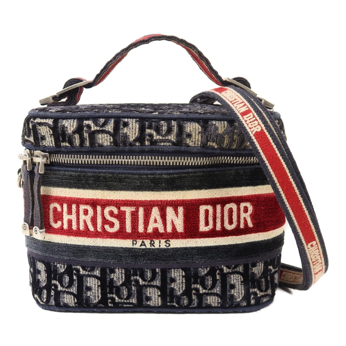 Dior CD Velvet Vanity Case 2 Way Shoulder Bag Blue Red White: Dior CD Velvet Vanity Case 2 Way Shoulder Bag Blue Red White A Christian Dior vanity case 2-way shoulder bag in velvet, presented in blue, red, and white. It features a top handle and an included shou