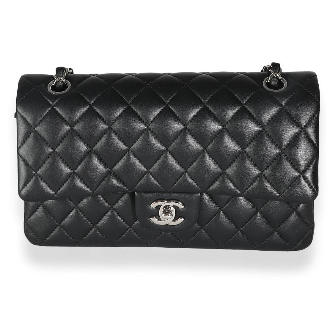 Chanel Medium Classic Double Flap Shoulder Bag Black Quilted Lambskin: Chanel Medium Classic Double Flap Shoulder Bag Black Quilted Lambskin Black quilted lambskin medium classic double flap handbag in a shoulder bag style. It features a turnlock closure, silver-tone har