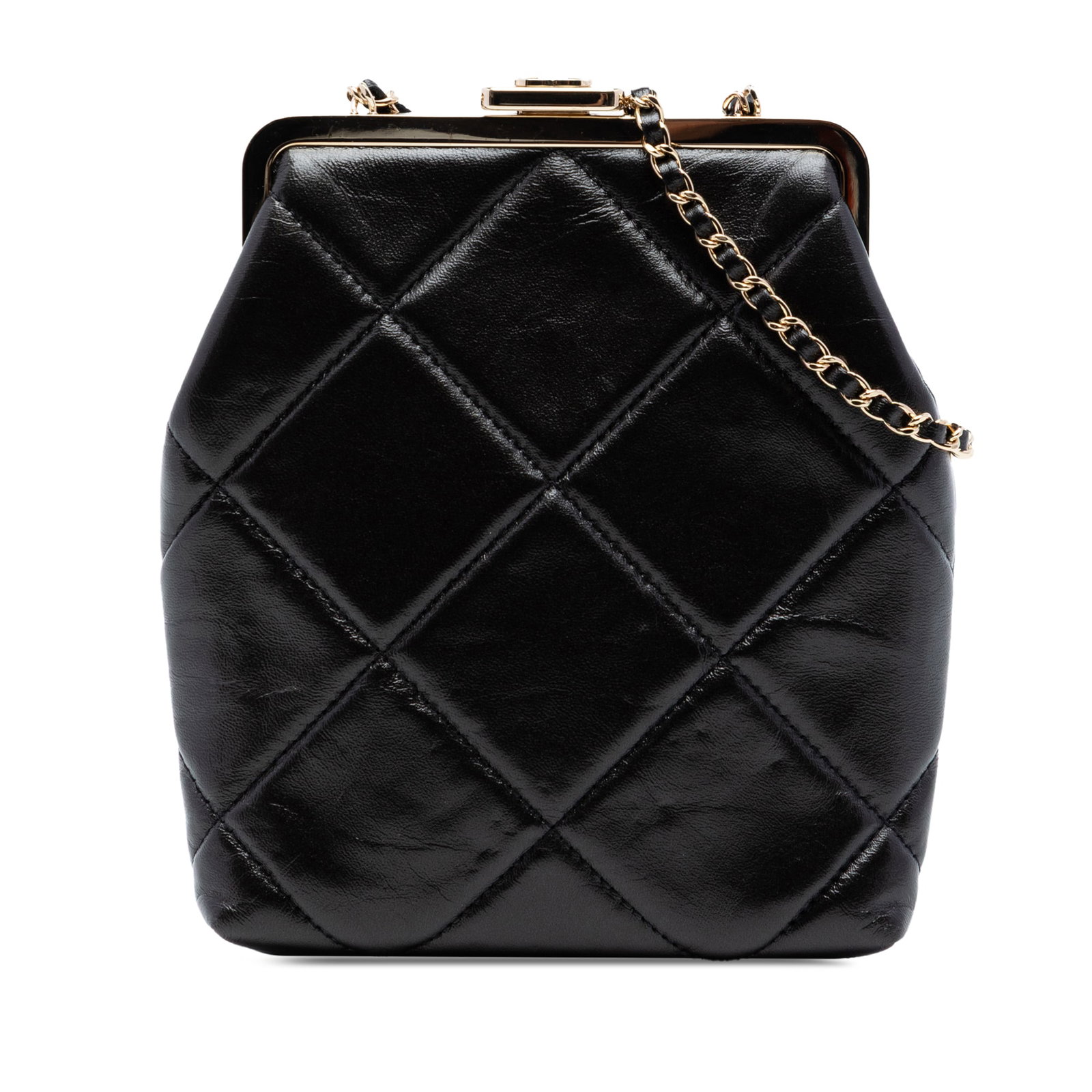 Chanel quilted lambskin kisslock frame crossbody clutch: Chanel quilted lambskin kisslock frame crossbody clutch This Chanel Small CC Quilted Lambskin Kisslock Frame Clutch is crafted from black quilted lambskin leather and features a detachable leather-wov