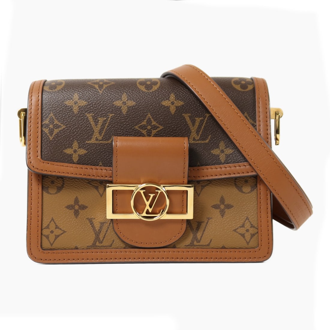 Louis Vuitton Mini Dauphine M44580 Shoulder Bag Monogram Reverse Brown: Louis Vuitton Mini Dauphine M44580 Shoulder Bag Monogram Reverse Brown A Louis Vuitton Mini Dauphine shoulder bag in BrownxBrown, made from Monogram Reverse and PVC coated canvas. This model is identi