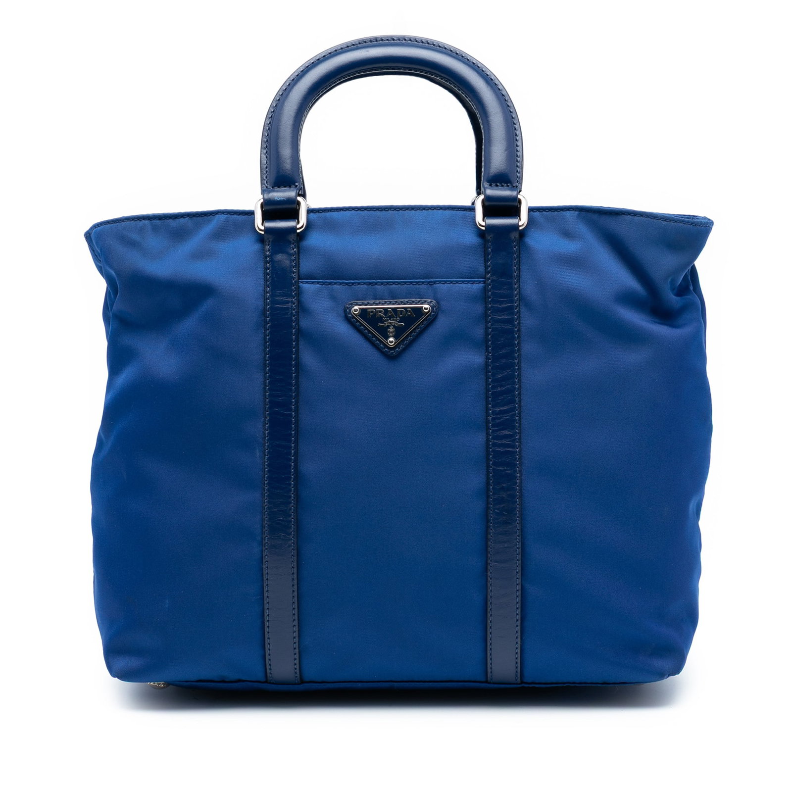 Prada Tessuto Nylon Satchel with Leather Trim and Zip Top: Prada Tessuto Nylon Satchel with Leather Trim and Zip Top This Prada Vitello Trimmed Tessuto Satchel features a durable nylon body with leather trim, flat leather handles, a top zip closure, exterior 