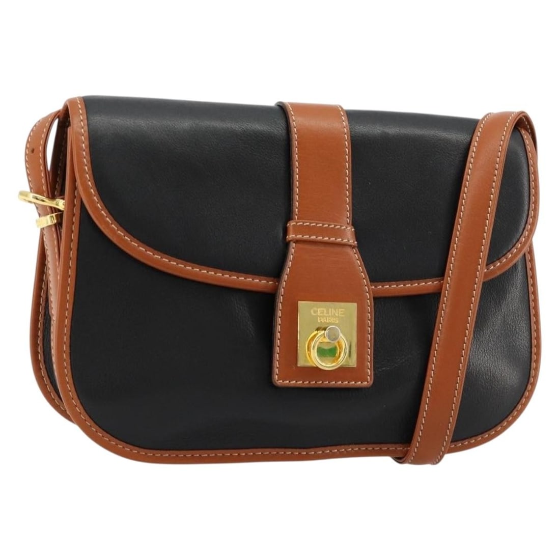 CELINE black leather shoulder bag with gold tone hardware: CELINE black leather shoulder bag with gold tone hardware Black leather shoulder bag from CELINE in gold-tone hardware. Made in Italy, this bag measures approximately W25cm x H18cm x D7cm with a shoul