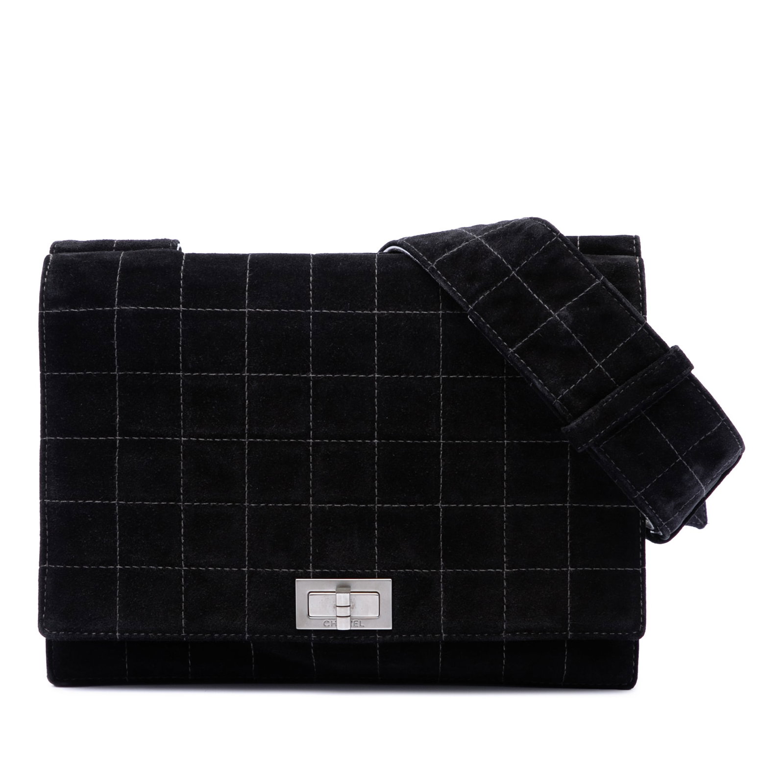 Chanel Reissue 2.55 Chocolate Bar Single Flap Suede Crossbody: Chanel Reissue 2.55 Chocolate Bar Single Flap Suede Crossbody A Chanel crossbody bag in the Chocolate Bar Suede Reissue 2.55 Single Flap model, made in France. It features a quilted suede leather body