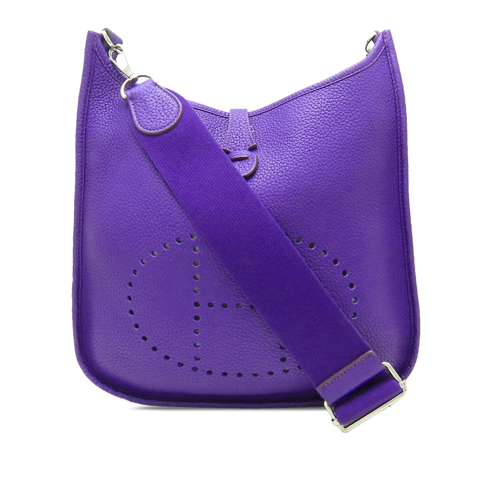 Hermes Evelyne III PM Clemence Leather Purple Bag: Hermes Evelyne III PM Clemence Leather Purple Bag This Hermes Evelyne III PM bag is crafted from Clemence leather in a distinctive purple hue. It features a detachable flat strap, an open top secured 