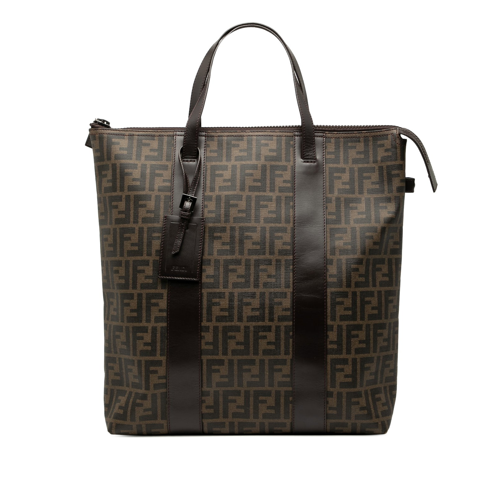 Coated Canvas Fendi Zucca Spalmati Tote Bag with Leather Trim: Coated Canvas Fendi Zucca Spalmati Tote Bag with Leather Trim This Fendi Zucca Spalmati Tote features a coated canvas body with leather trim, flat leather straps, a top zip closure, and interior slip 