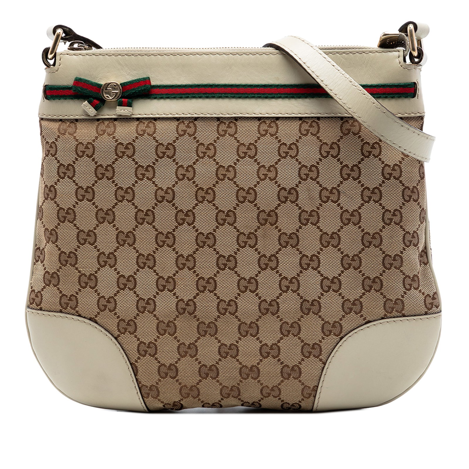 Gucci Mayfair GG Canvas Web crossbody bag: Gucci Mayfair GG Canvas Web crossbody bag This Gucci GG Canvas Web Mayfair Crossbody bag features a beige canvas body with leather trim, an adjustable flat leather strap, and a signature ribbon detail