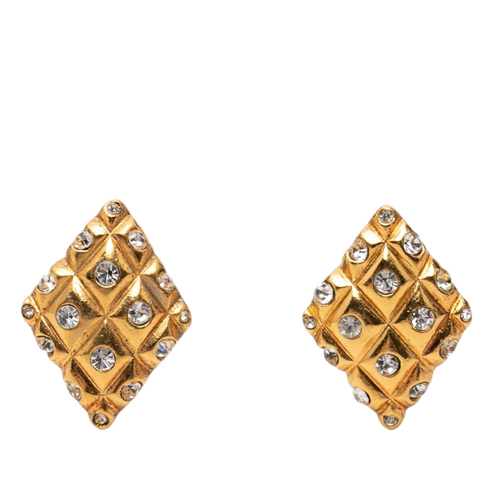 Chanel CC Quilted Rhombus Clip On Earrings Gold Plated Strass: Chanel CC Quilted Rhombus Clip On Earrings Gold Plated Strass Gold-plated Chanel clip-on earrings with crystal-embellished details and a quilted rhombus design. They are made in France and classified 