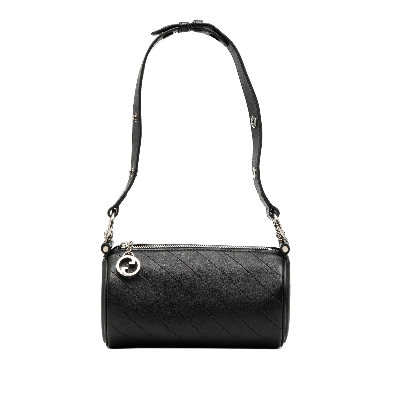Gucci Blondie Mini Leather Barrel Shoulder Bag: Gucci Blondie Mini Leather Barrel Shoulder Bag This Gucci Mini Leather Blondie Barrel Shoulder Bag is crafted from black leather and features a sleek barrel silhouette. It is designed with a flat leat