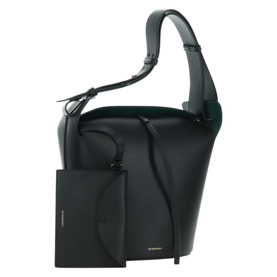 BURBERRY Leather Shoulder Bag Black with Gold Tone Dust Bag: BURBERRY Leather Shoulder Bag Black with Gold Tone Dust Bag Authentic Burberry bucket shoulder bag crafted in black leather with gold-tone accents. This women's shoulder bag includes a dust bag and po