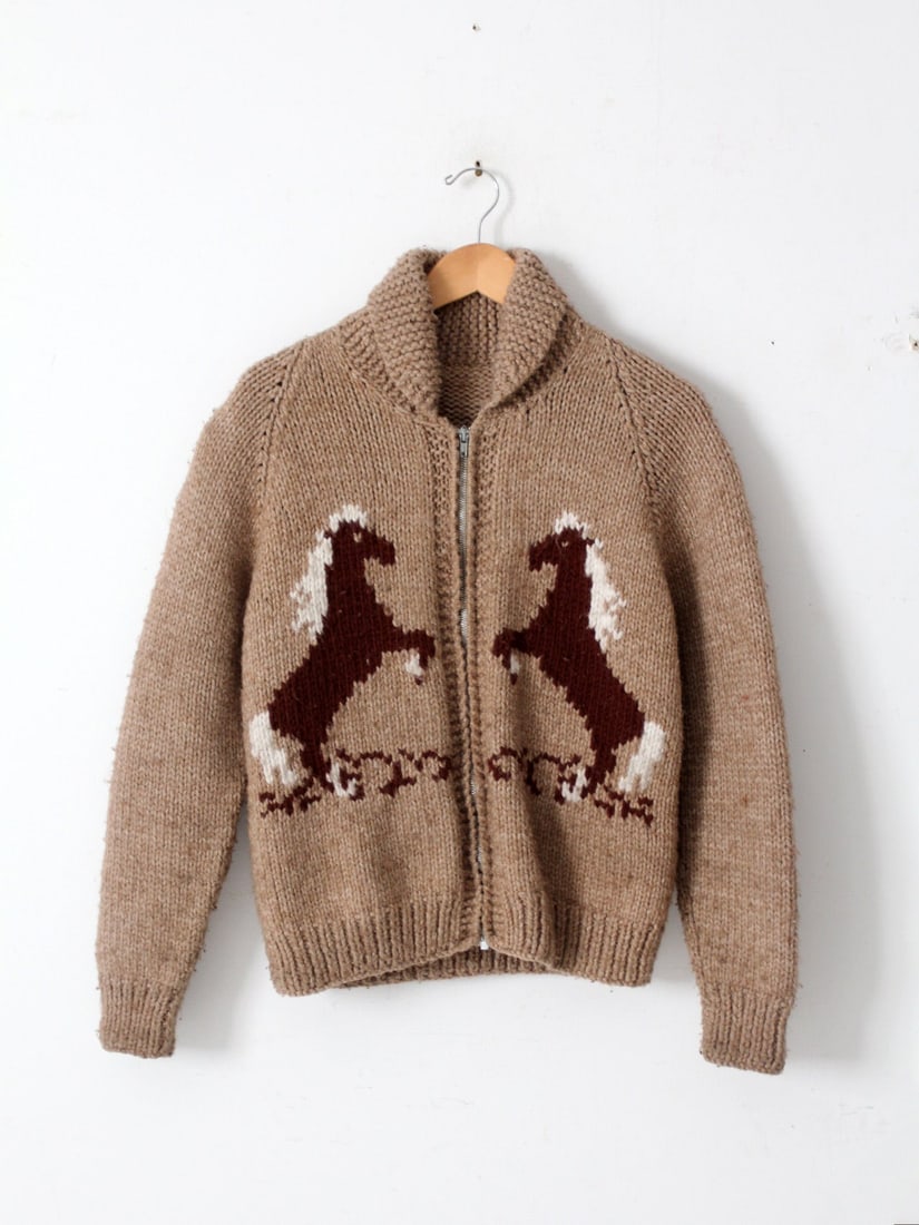 Vintage 70s Hand Knit Cowichan Horse Zip Sweater (1 of 9)