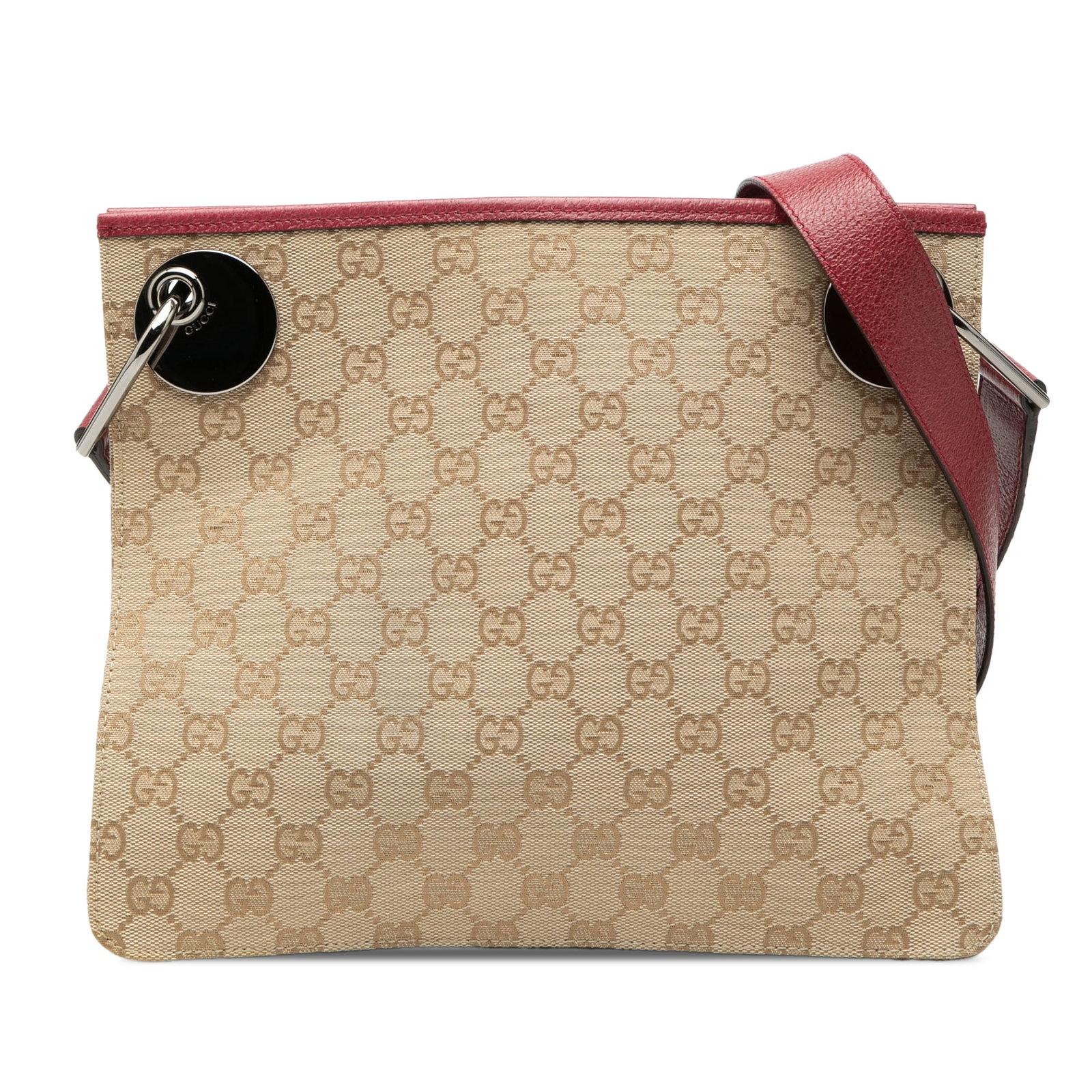 GG Canvas Eclipse Beige Crossbody Bag with Leather Trim by Gucci: GG Canvas Eclipse Beige Crossbody Bag with Leather Trim by Gucci This Gucci GG Canvas Eclipse Crossbody bag features a durable canvas body with leather trim and an adjustable flat leather strap. The b