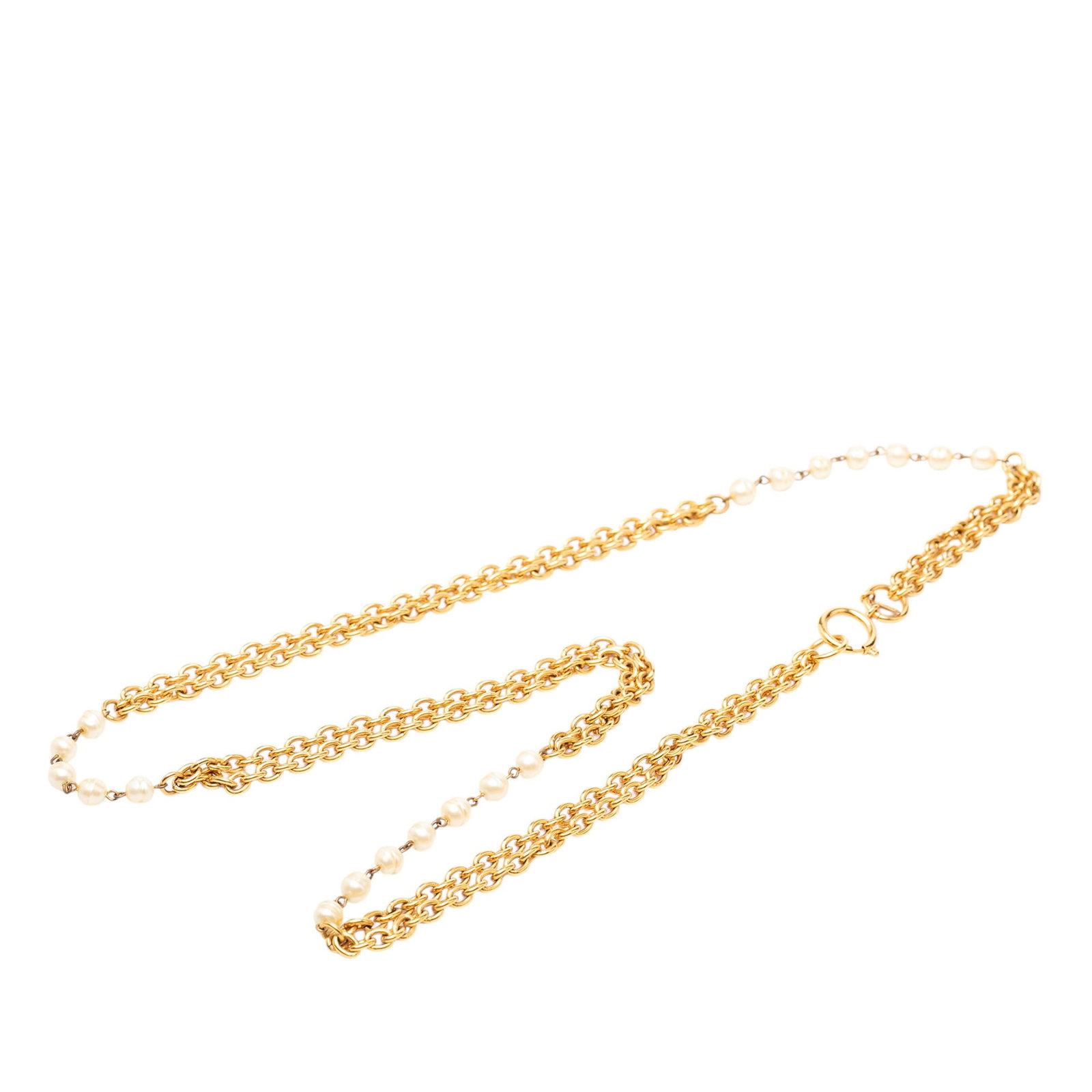 Chanel Multistrand Pendant Necklace Gold Plated Faux Pearl: Chanel Multistrand Pendant Necklace Gold Plated Faux Pearl Chanel multistrand pendant necklace in gold plated metal with faux pearl embellishment and a spring ring closure. Made in France, this costum