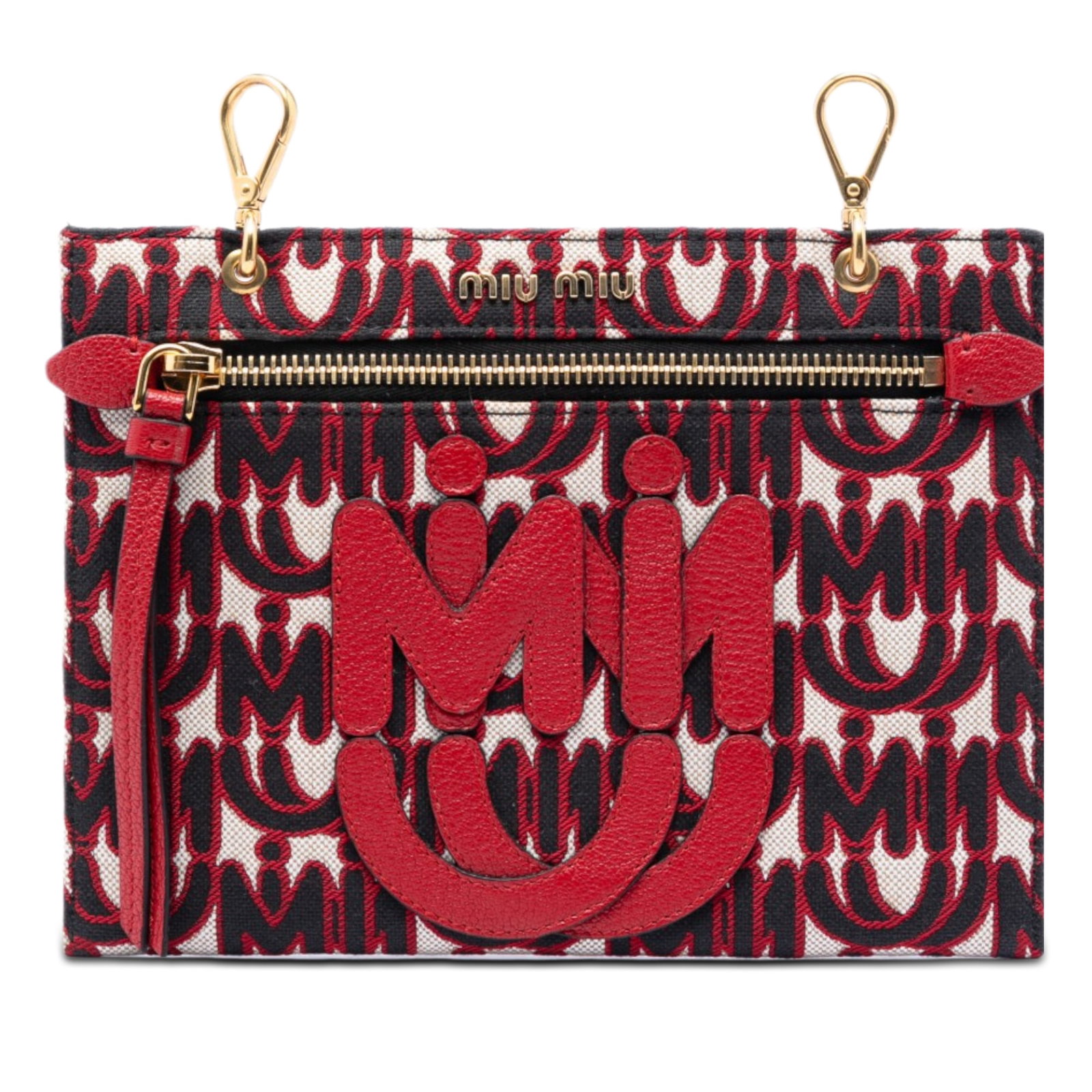 Miu Miu Emiuticon Jacquard Goatskin Zip Pouch Red: Miu Miu Emiuticon Jacquard Goatskin Zip Pouch Red Miu Miu M/M Paris Emiuticon pouch crafted in monogram jacquard fabric with goatskin trim. It features a zip closure and snap hooks for attaching. Fini