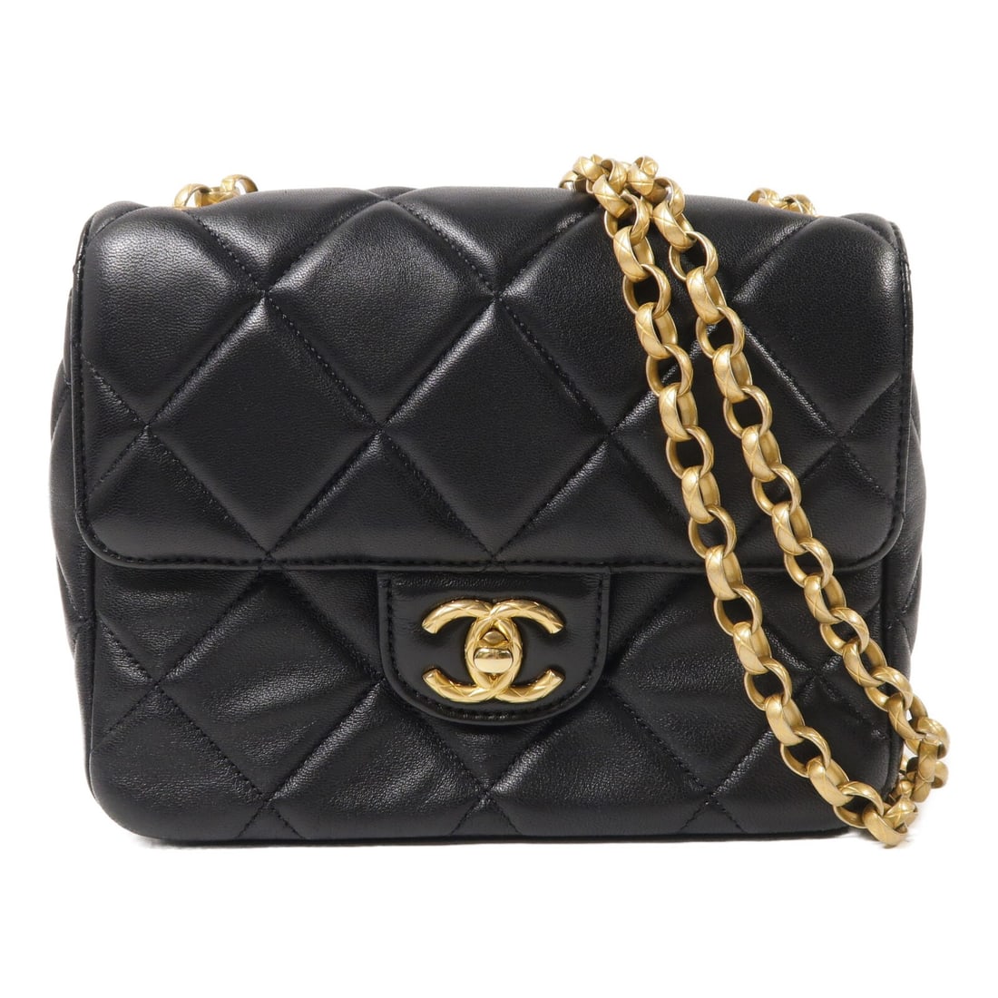 Black Lambskin Chain Shoulder Bag with CC Turn Lock by CHANEL: Black Lambskin Chain Shoulder Bag with CC Turn Lock by CHANEL CHANEL CC GHW Chain Shoulder Bag in black calfskin leather. It features a chain shoulder strap, turn lock closure, and one inside zip pock