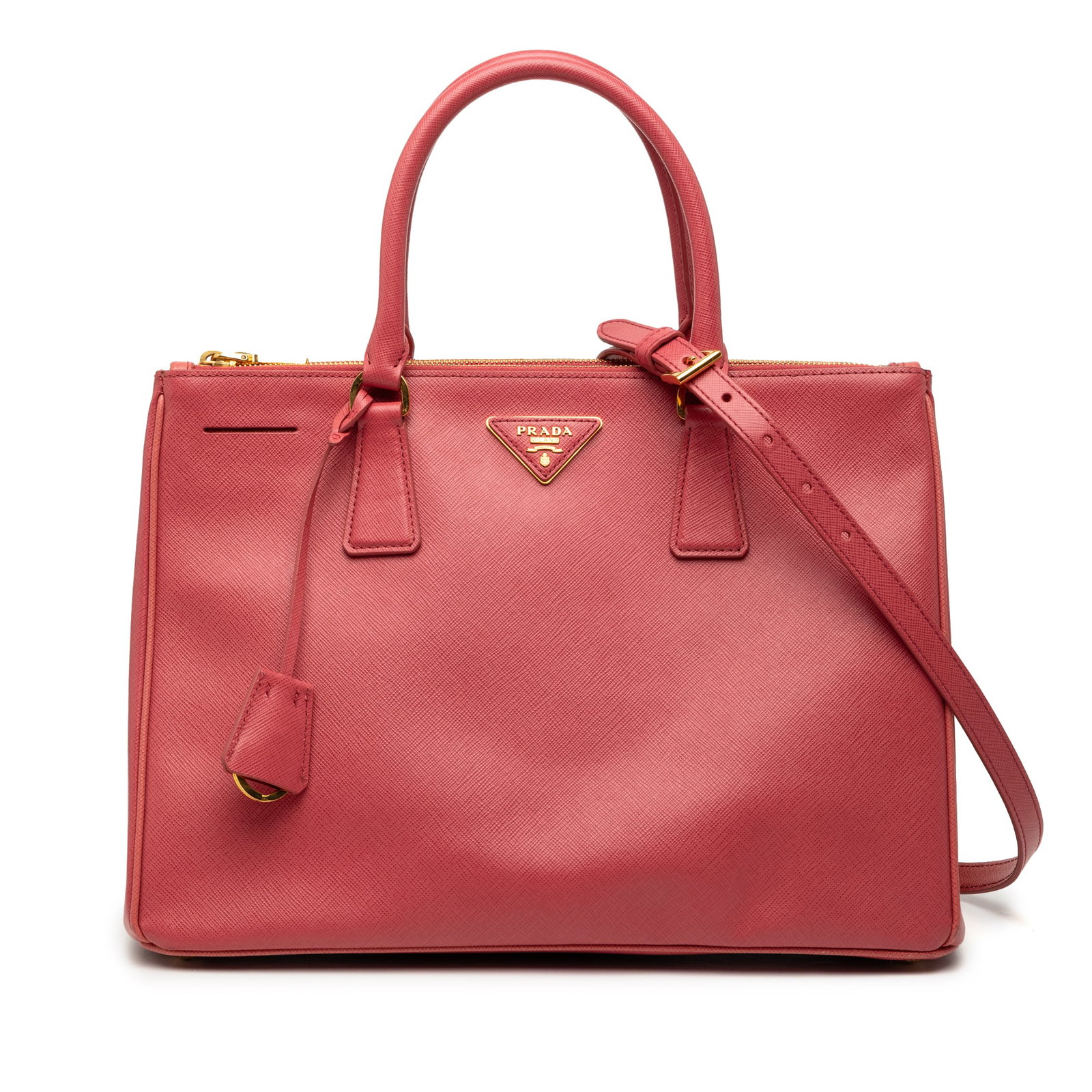 Prada Galleria Medium Pink Saffiano Leather Double Zip Satchel Bag: Prada Galleria Medium Pink Saffiano Leather Double Zip Satchel Bag This Prada Medium Saffiano Lux Galleria Double Zip Satchel showcases a sophisticated pink saffiano leather body with rolled leather h