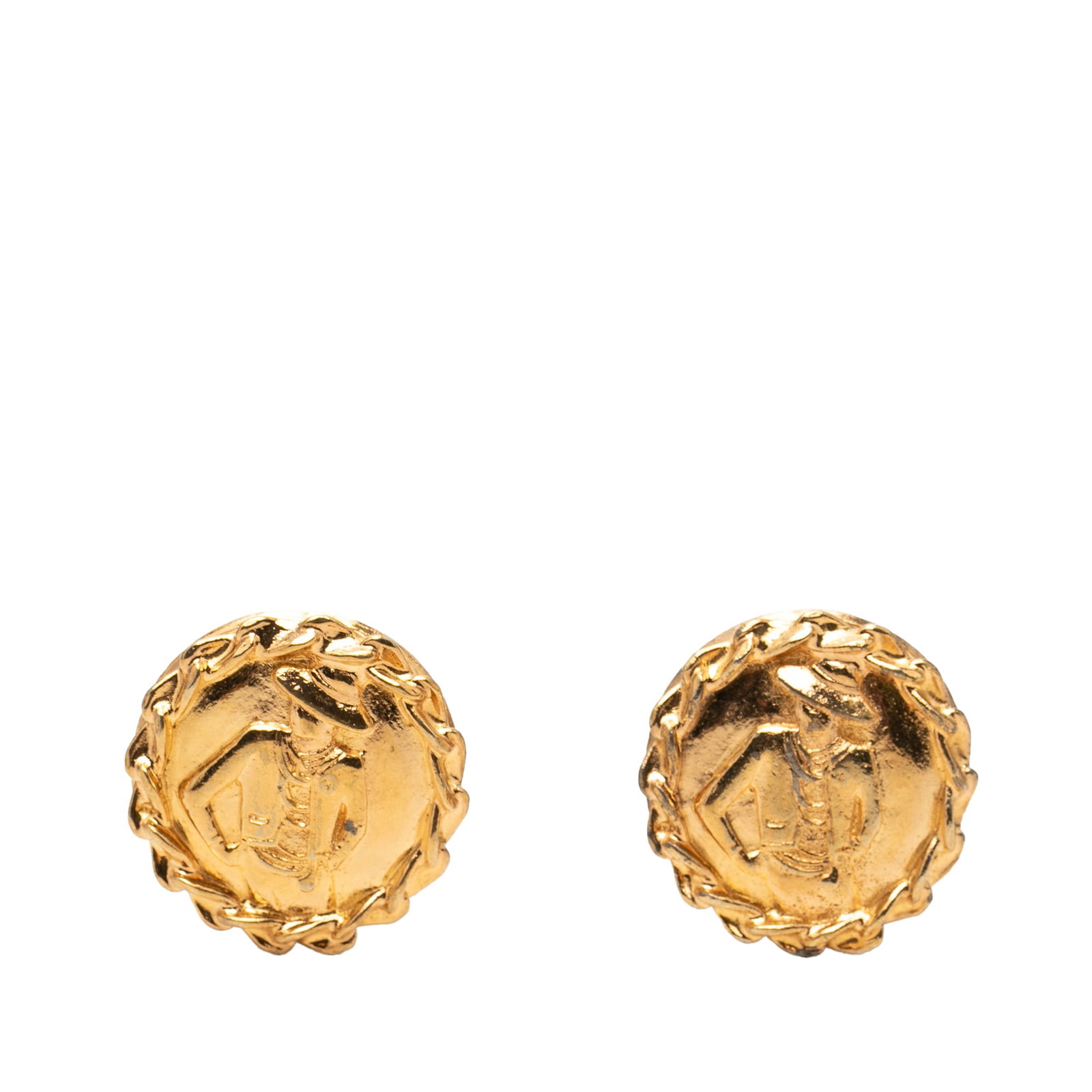 Chanel Mademoiselle gold plated clip on earrings: Chanel Mademoiselle gold plated clip on earrings These Chanel Mademoiselle clip-on earrings feature a gold plated metal body and secure clip-on closures. Made in France, they are categorized as costum