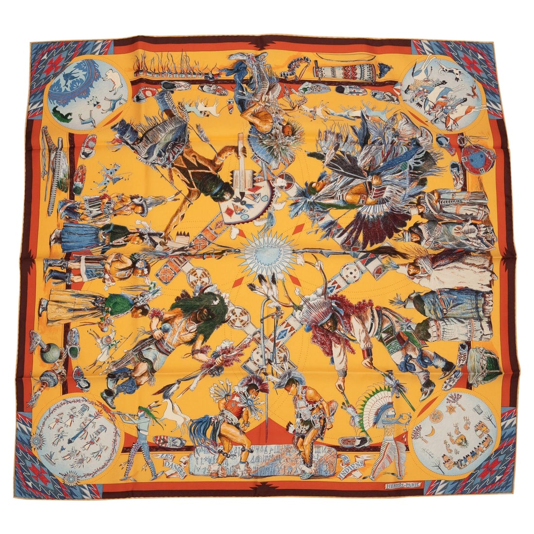 Hermes Les Danses Des Indiens yellow silk scarf with box by Kermit Oliver: Hermes Les Danses Des Indiens yellow silk scarf with box by Kermit Oliver Hermes "Les Danses Des Indiens" silk scarf features a vibrant yellow design created by Kermit Oliver. This rare and collectibl