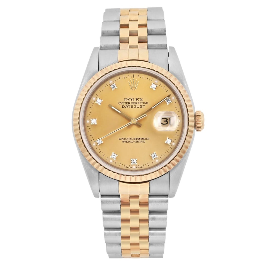 Rolex Datejust 16233 36mm Two Tone Diamond Dial Watch With Box And Papers: Rolex Datejust 16233 36mm Two Tone Diamond Dial Watch With Box And Papers This Rolex Datejust 36mm wristwatch features a classic design with a two-tone stainless steel and 18K yellow gold bracelet and