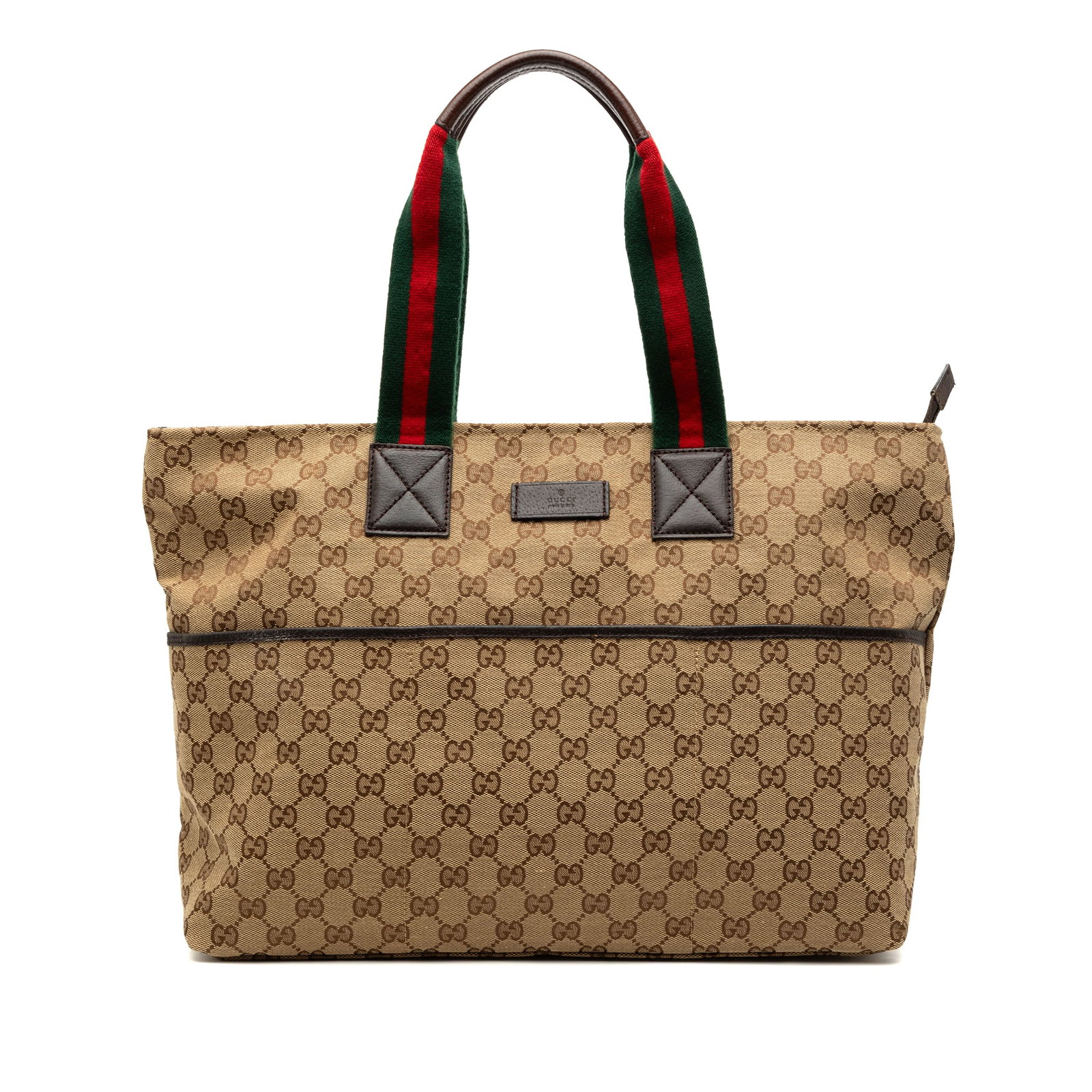 Brown Gucci GG Canvas Tote Bag with Web Shoulder Straps: Brown Gucci GG Canvas Tote Bag with Web Shoulder Straps This Gucci GG Canvas Web Tote features a brown canvas body, rolled web shoulder straps, a top zip closure, exterior slip pockets, and interior z