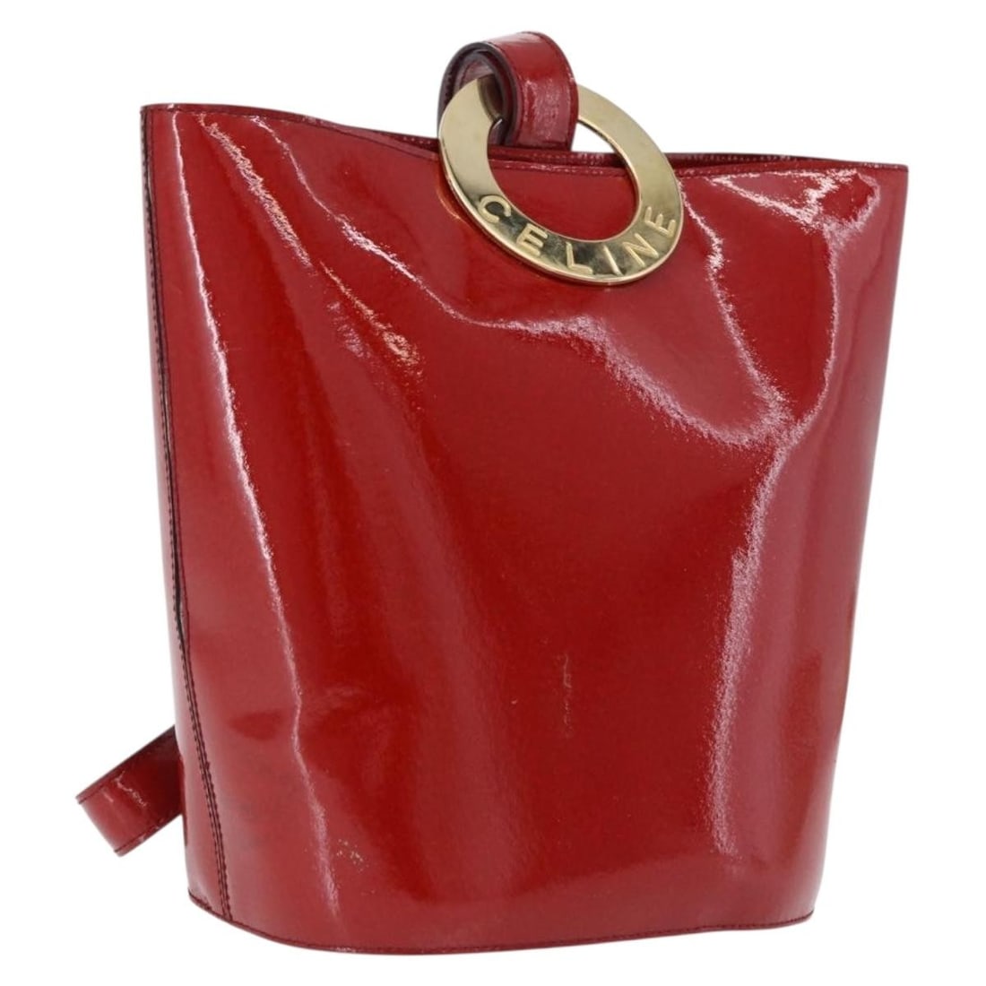 Celine Red Patent Leather Shoulder Bag Gold Tone Hardware: Celine Red Patent Leather Shoulder Bag Gold Tone Hardware A CELINE shoulder bag in red patent leather with gold-tone hardware. It is made in Italy and measures approximately 18 x 23 x 14 cm, with a sh