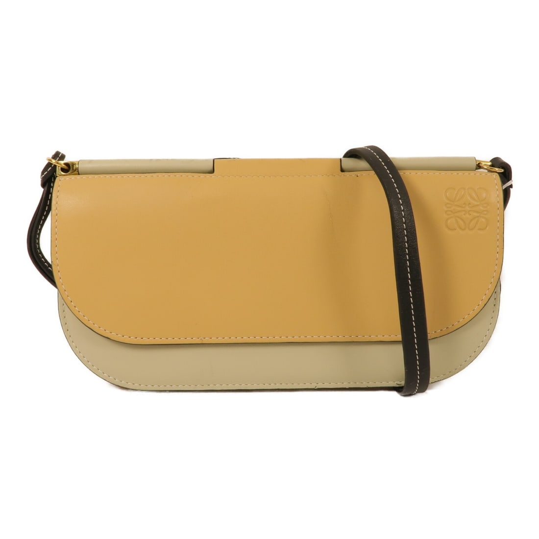 LOEWE Gate Pochette calfskin shoulder bag yellow green GHW: LOEWE Gate Pochette calfskin shoulder bag yellow green GHW A LOEWE Gate Pochette shoulder bag crafted from calfskin (cowhide) in yellow/green tones. It features a hook button closure, an inside zip po