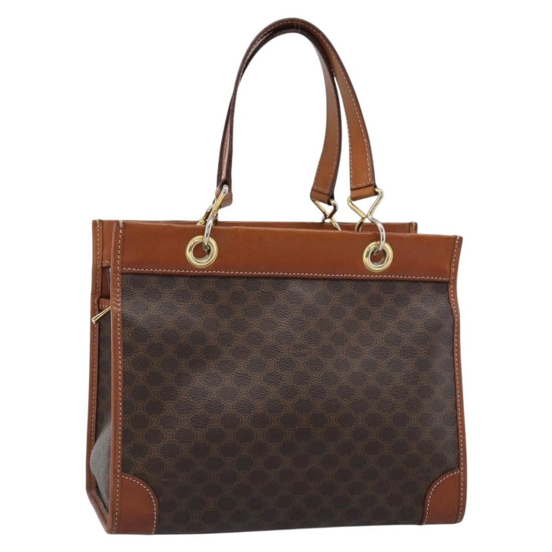 CELINE Macadam Brown PVC Leather Handbag Gold Tone Italy: CELINE Macadam Brown PVC Leather Handbag Gold Tone Italy CELINE Macadam Canvas hand bag in brown and gold, made in Italy from PVC leather and Macadam canvas. It features a handle drop of approximately