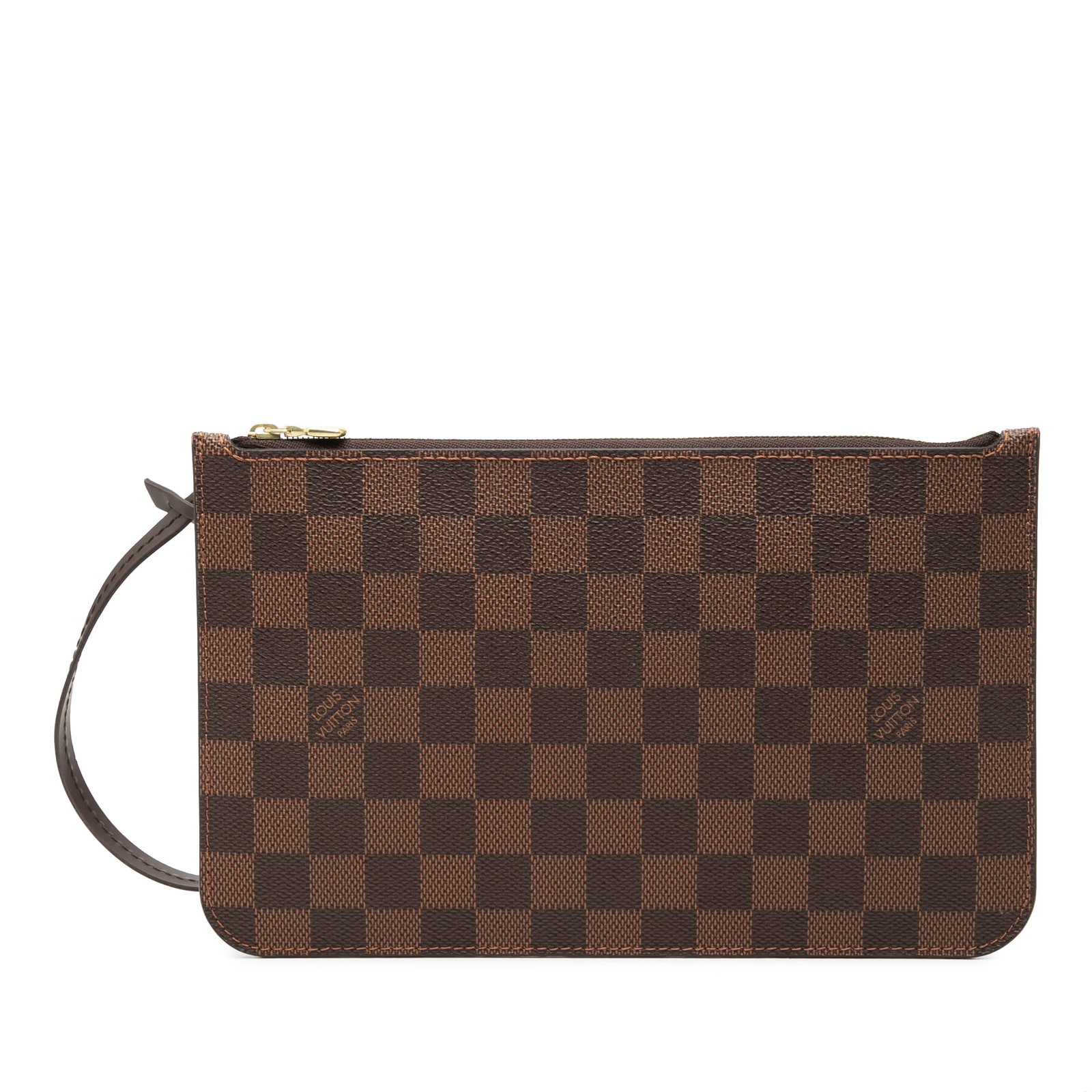 Louis Vuitton Neverfull MM Pouch Damier Ebene Canvas Wristlet: Louis Vuitton Neverfull MM Pouch Damier Ebene Canvas Wristlet Louis Vuitton Damier Ebene Neverfull MM Pouch in brown damier canvas with a flat leather wrist strap, top zip closure, and an interior sli