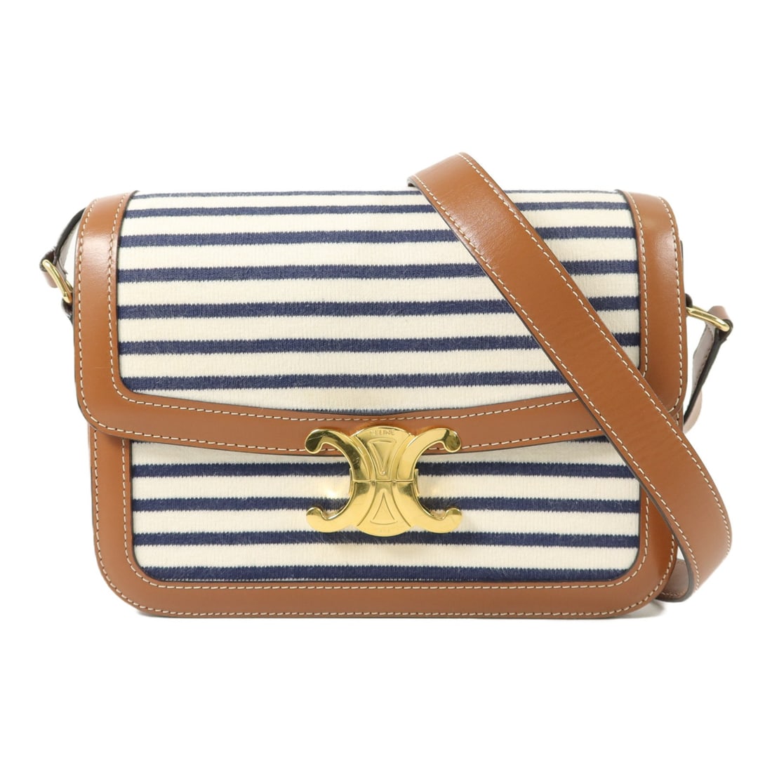 CELINE Classique Triomphe Medium Shoulder Bag Cotton Calfskin Brown White: CELINE Classique Triomphe Medium Shoulder Bag Cotton Calfskin Brown White A CELINE Medium Classique Triomphe shoulder bag in cotton and calfskin leather, presented in a BrownxNavyxWhite colorway. It f