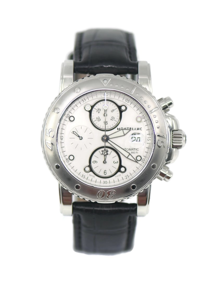 Montblanc Sport Chronograph Stainless Steel Watch 44mm Ref 7179: Montblanc Sport Chronograph Stainless Steel Watch 44mm Ref 7179 Experience precision and style with the Montblanc Sport Chronograph Stainless Steel Watch. This exceptional timepiece features a robust 